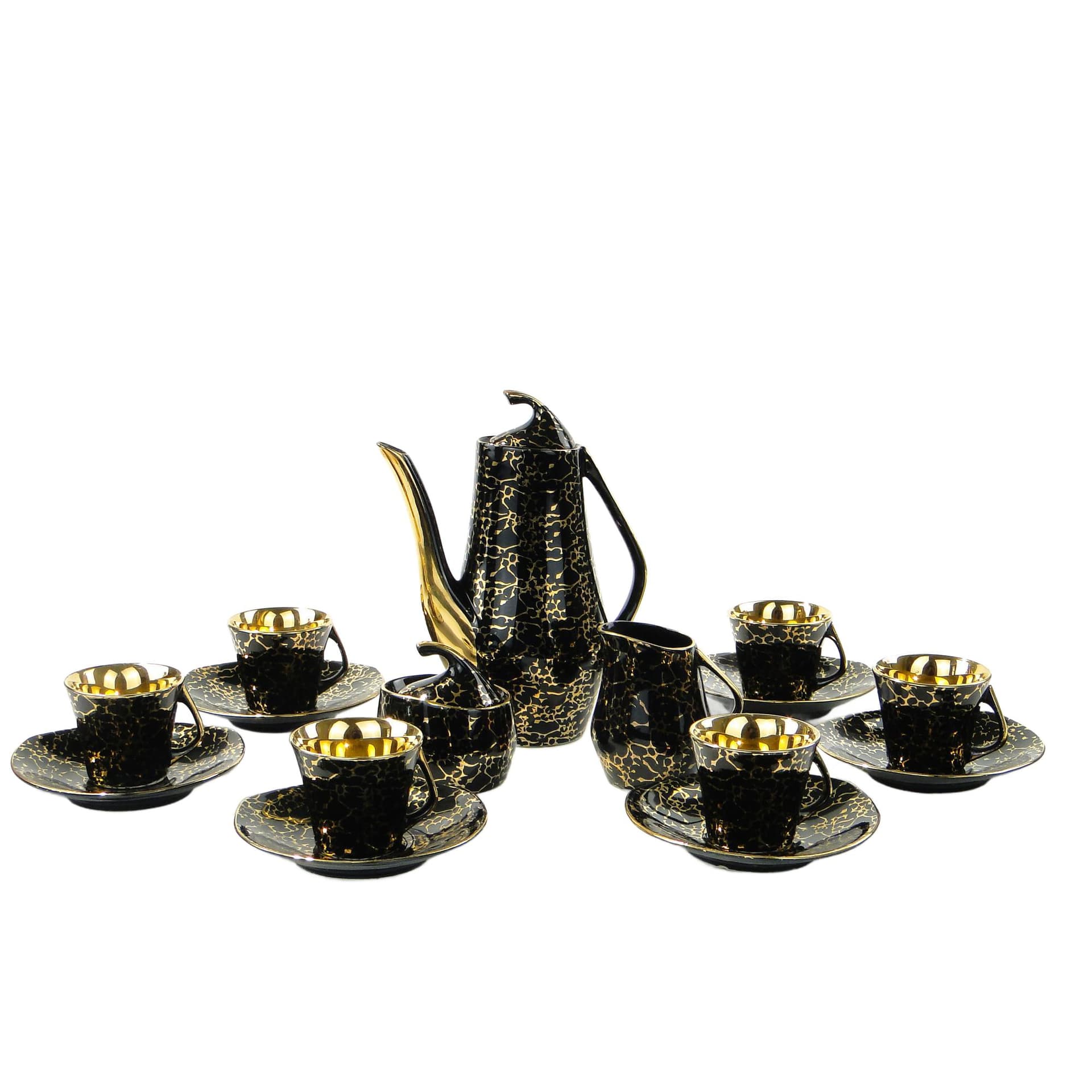 Coffee set Iza, black gold porcelain, by J. Wrzesień, Chodzież, Poland, 1960s.