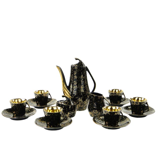 Coffee set Iza, black gold porcelain, by J. Wrzesień, Chodzież, Poland, 1960s. - DIMENSION