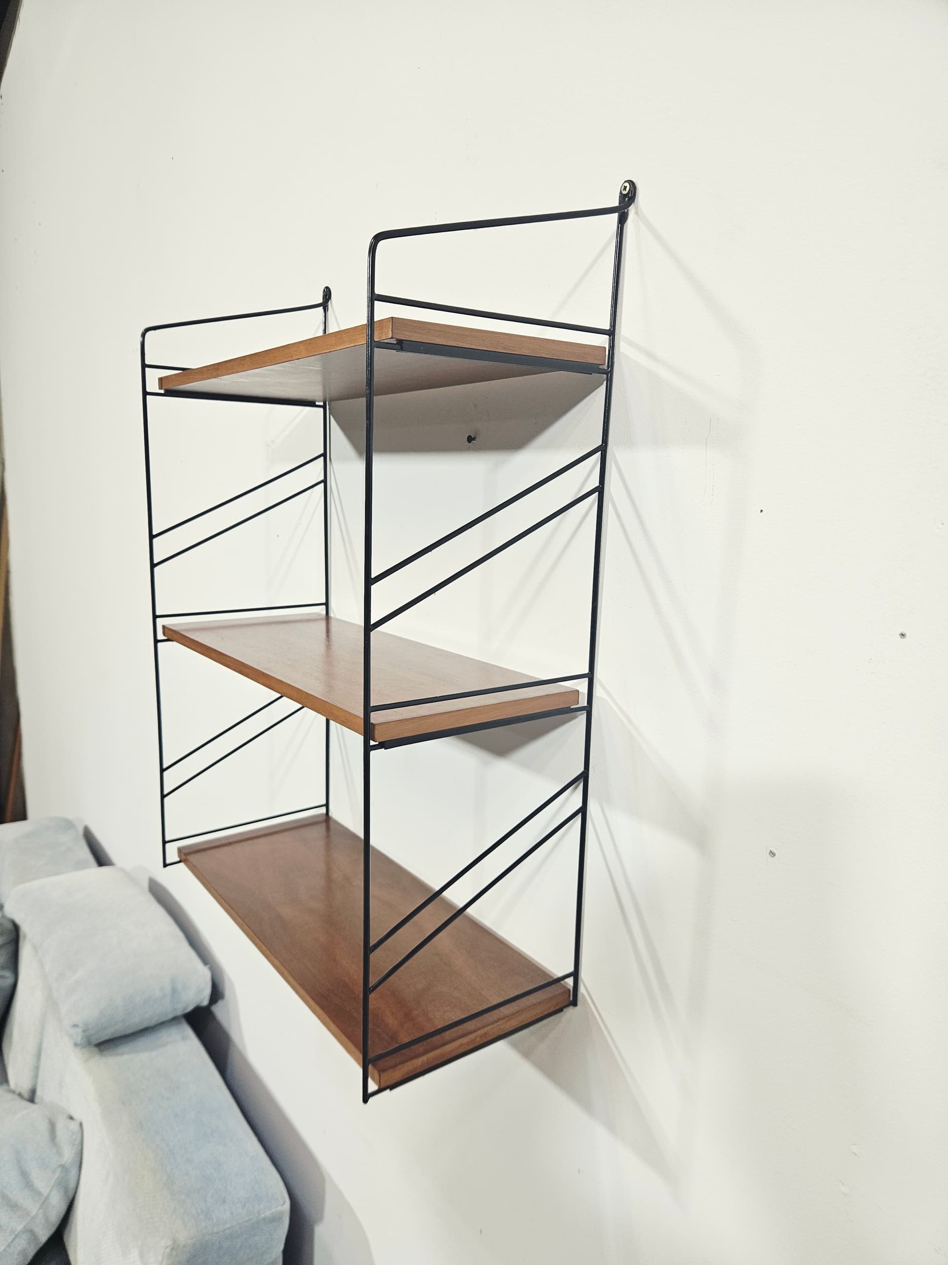 Wall shelf String, brown, wood, black metal, by N. Strinning - 348092