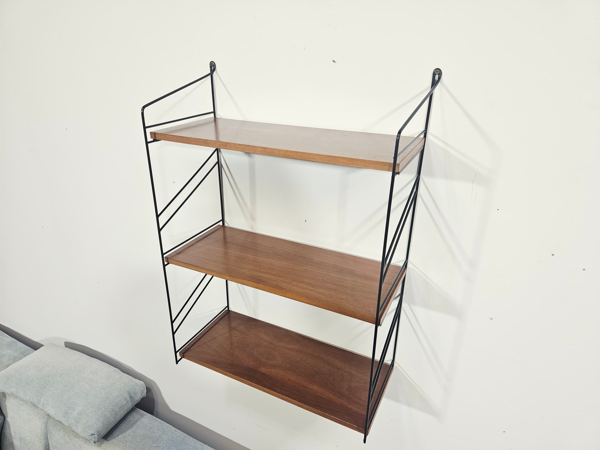 Wall shelf String, brown, wood, black metal, by N. Strinning - 348086
