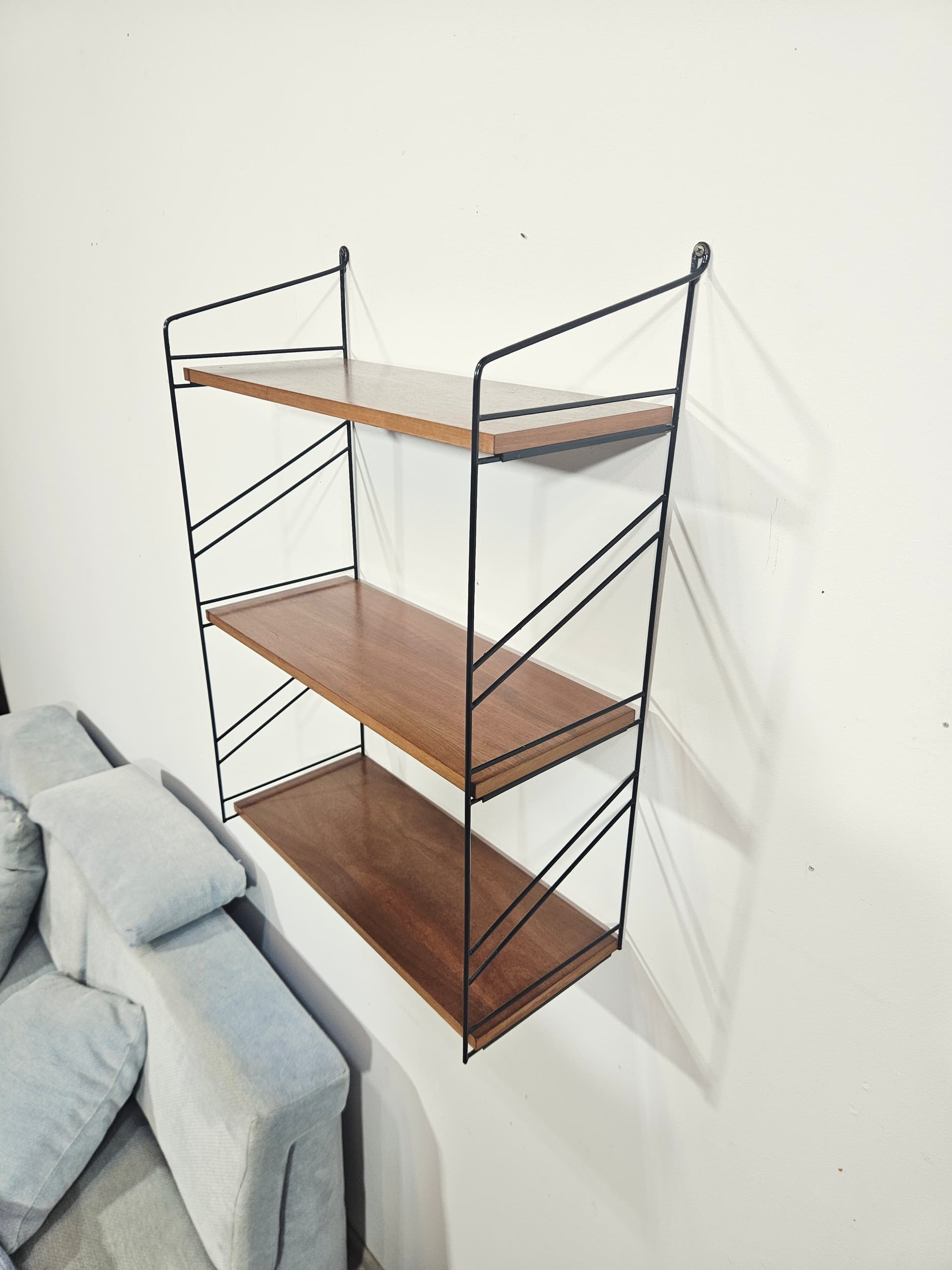Wall shelf String, brown, wood, black metal, by N. Strinning - 348087