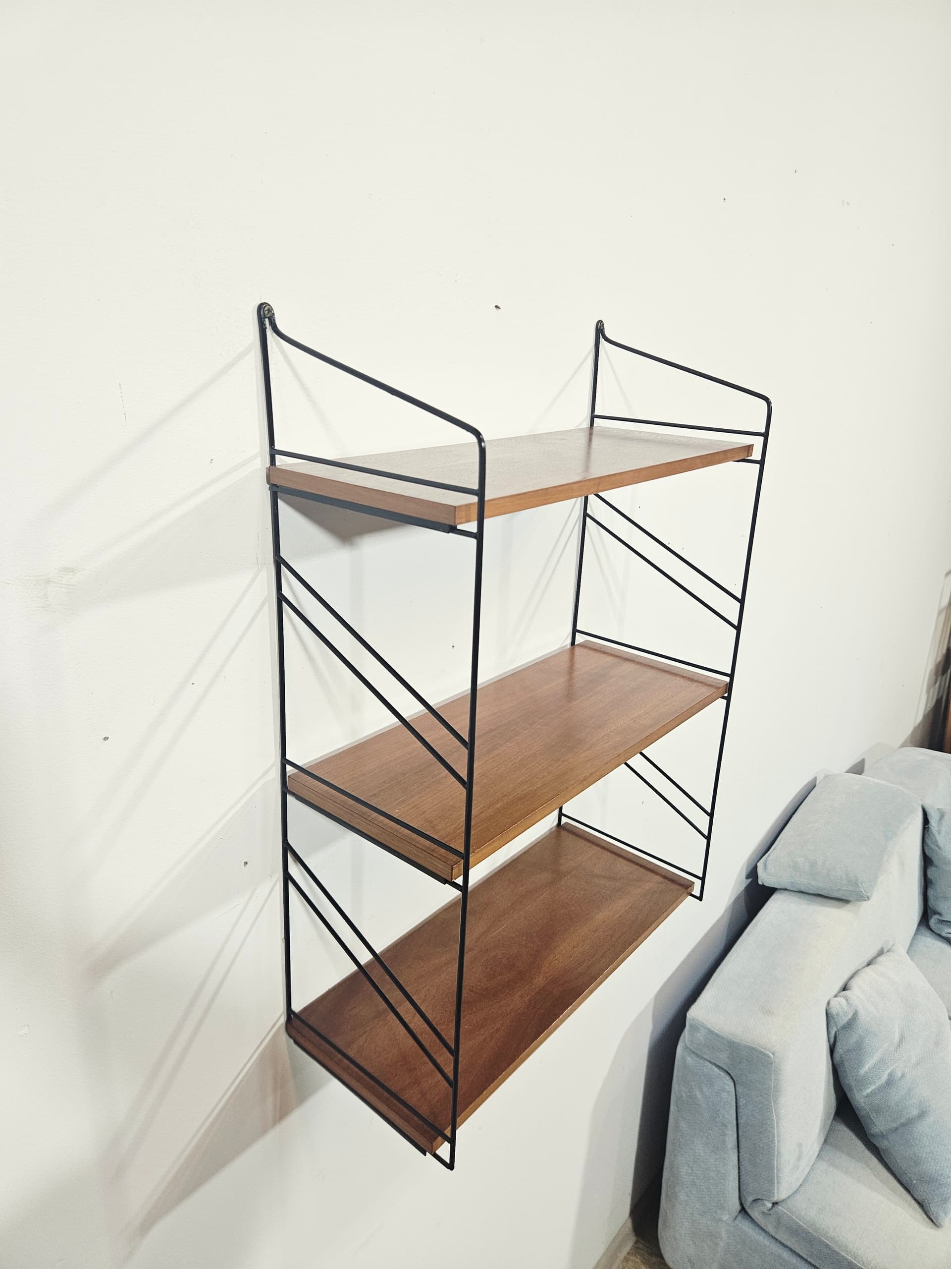 Wall shelf String, brown, wood, black metal, by N. Strinning - 348088