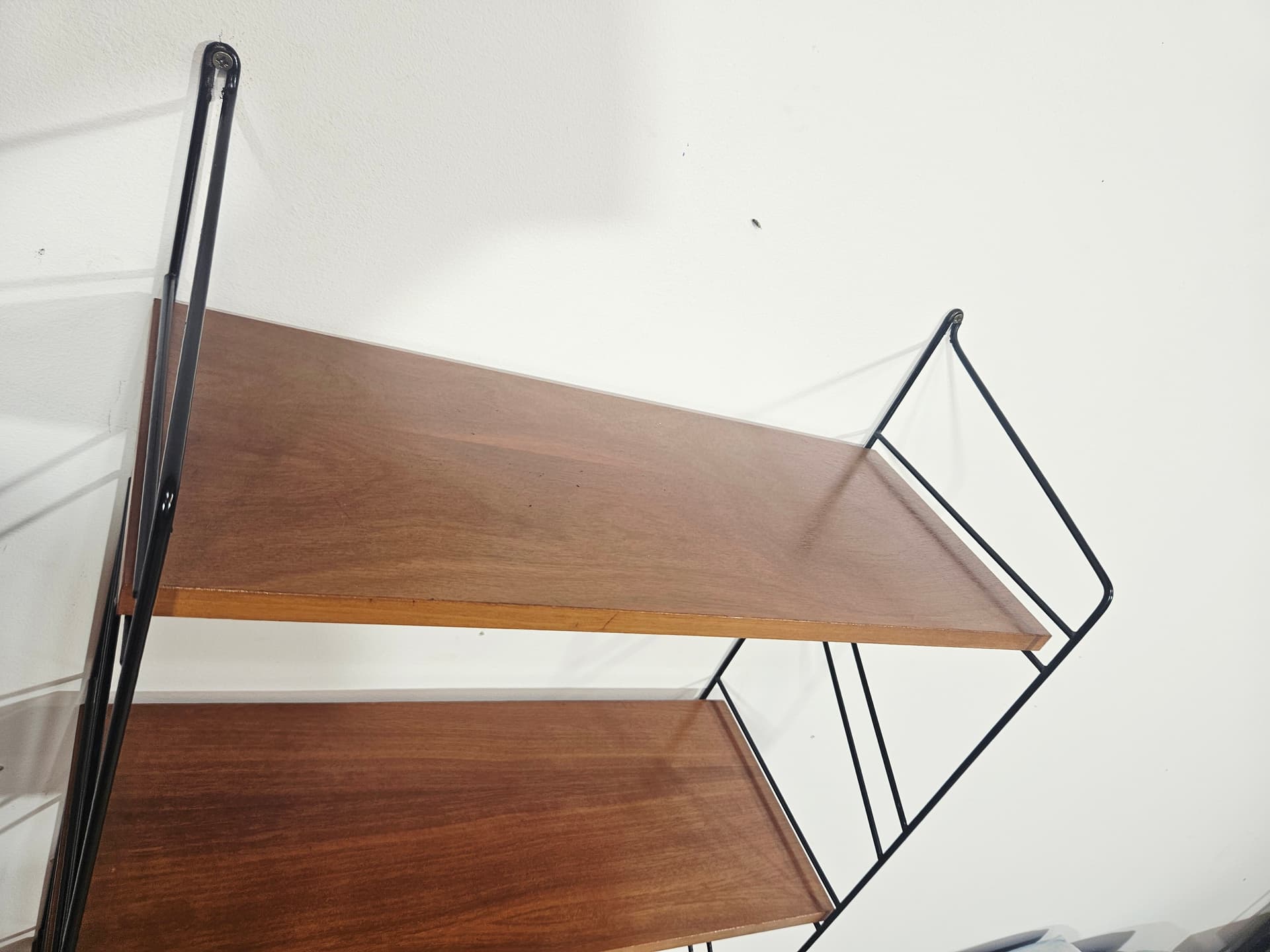 Wall shelf String, brown, wood, black metal, by N. Strinning - 348090