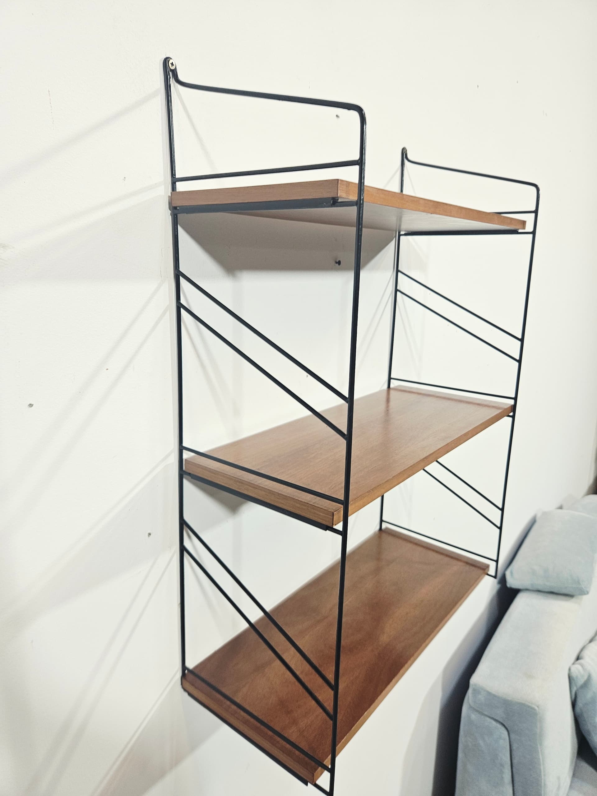 Wall shelf String, brown, wood, black metal, by N. Strinning - 348089