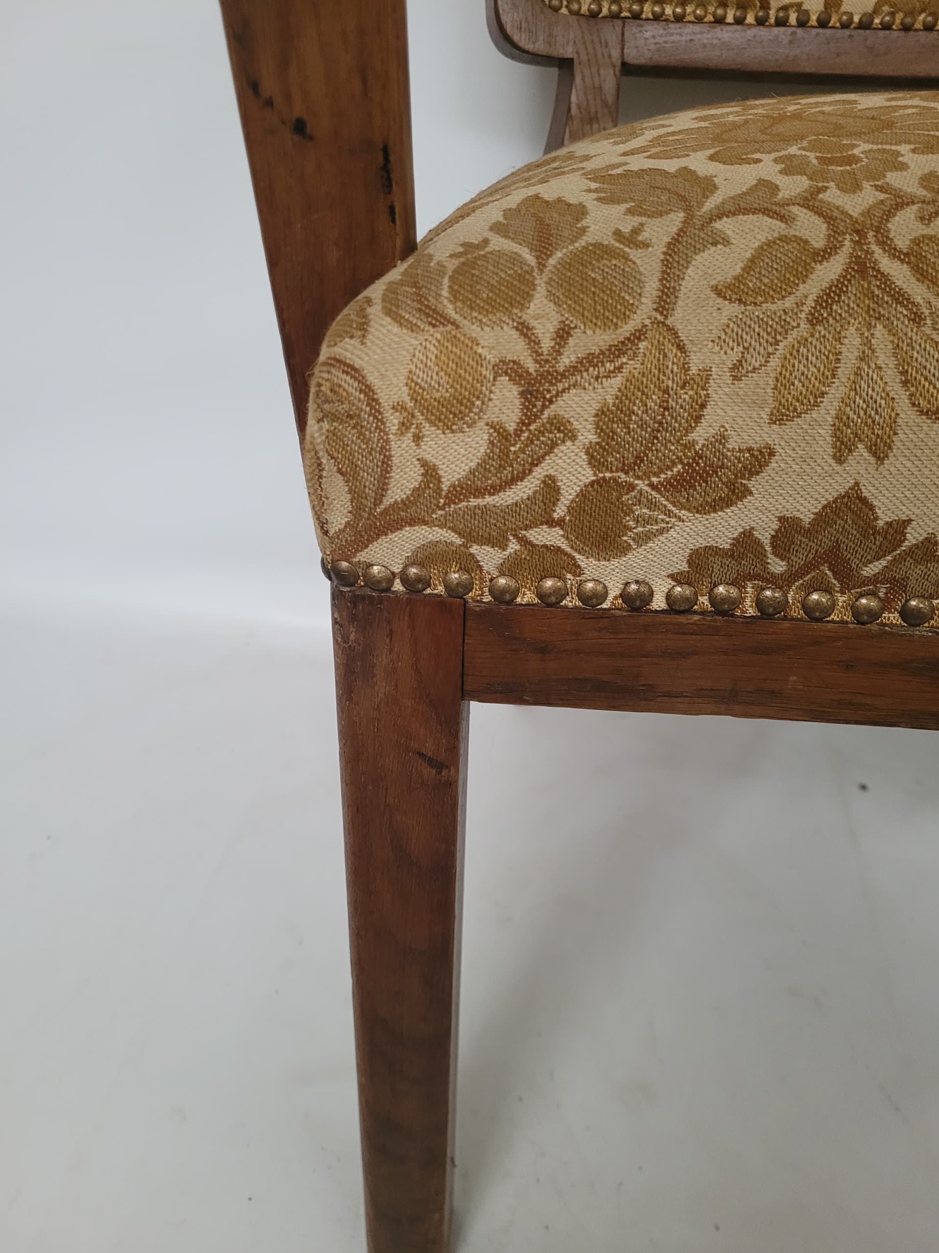 Armchair Art Deco, brown wood, gold-beige fabric, 1950s. - 348621
