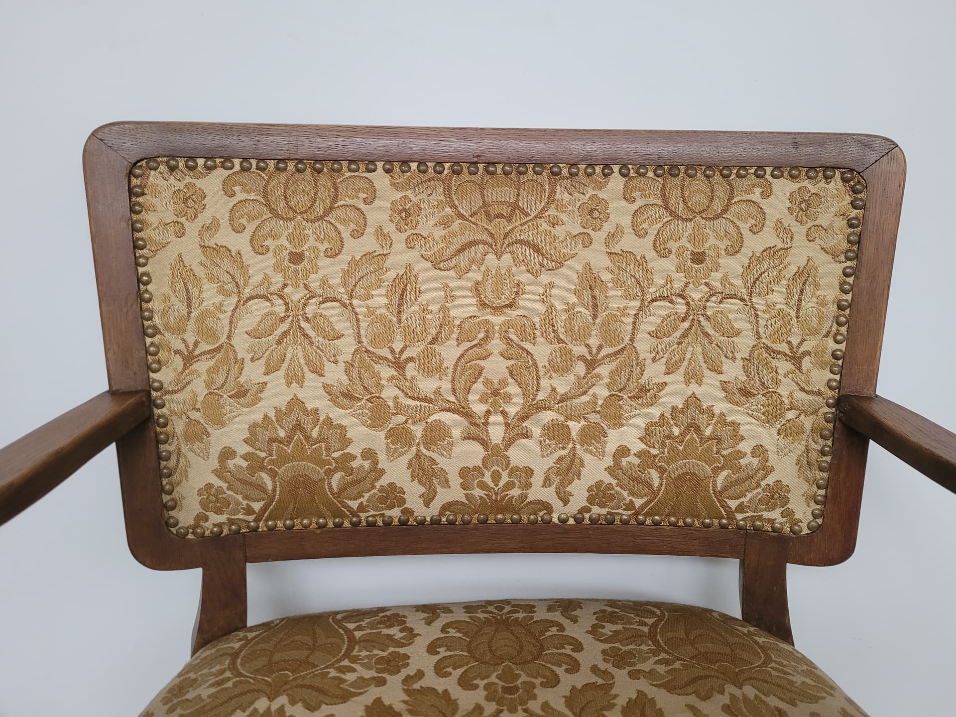 Armchair Art Deco, brown wood, gold-beige fabric, 1950s. - 348619