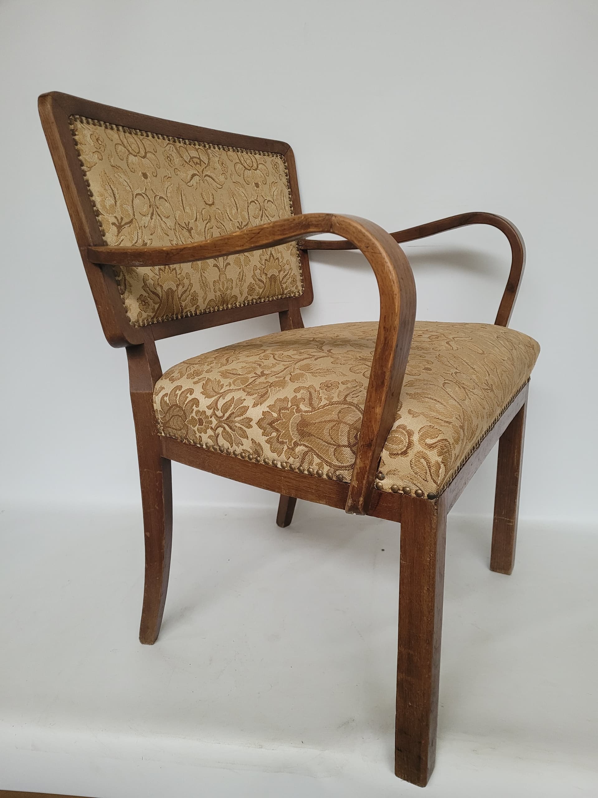 Armchair Art Deco, brown wood, gold-beige fabric, 1950s. - 348620