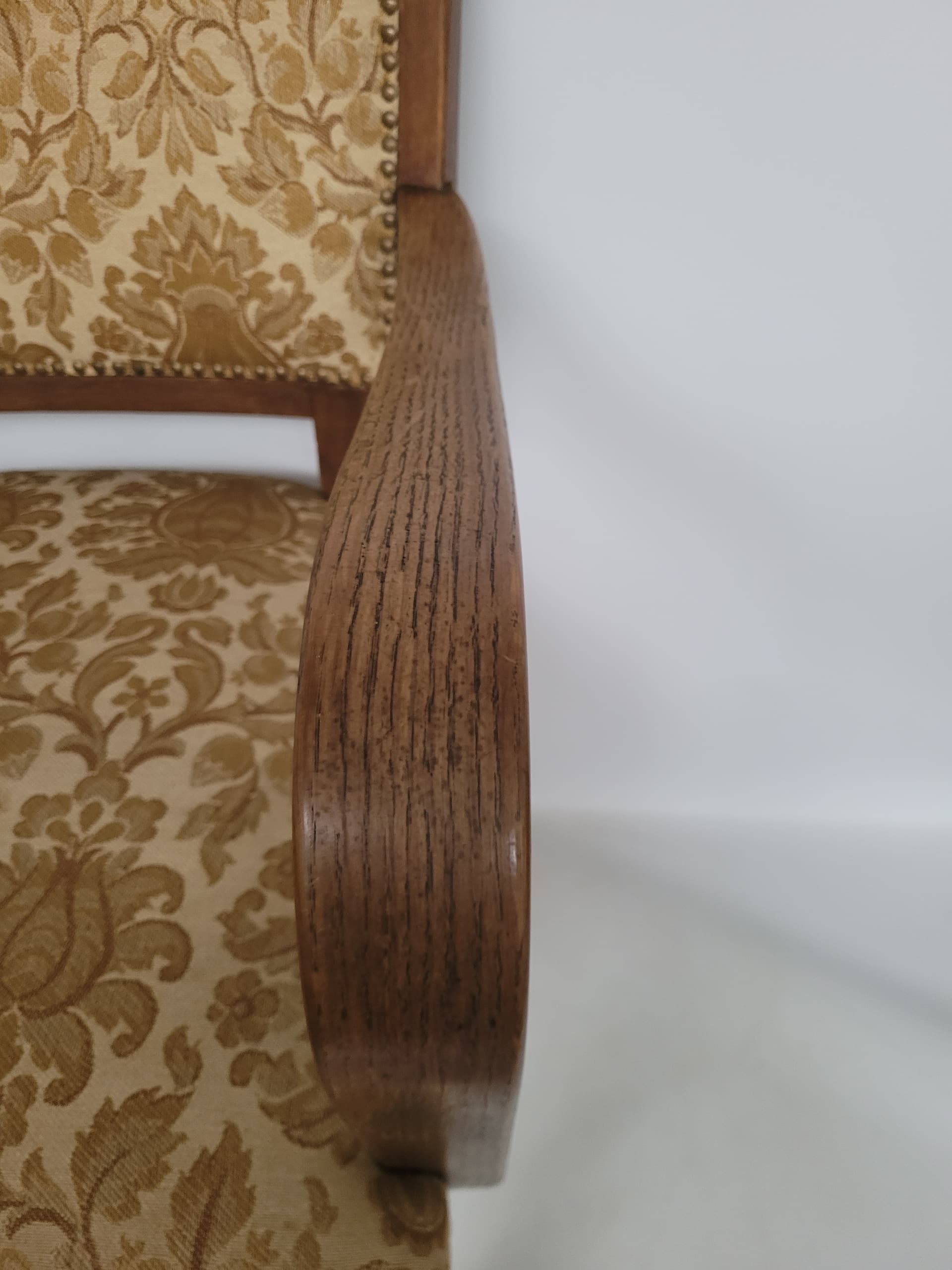 Armchair Art Deco, brown wood, gold-beige fabric, 1950s. - 348625