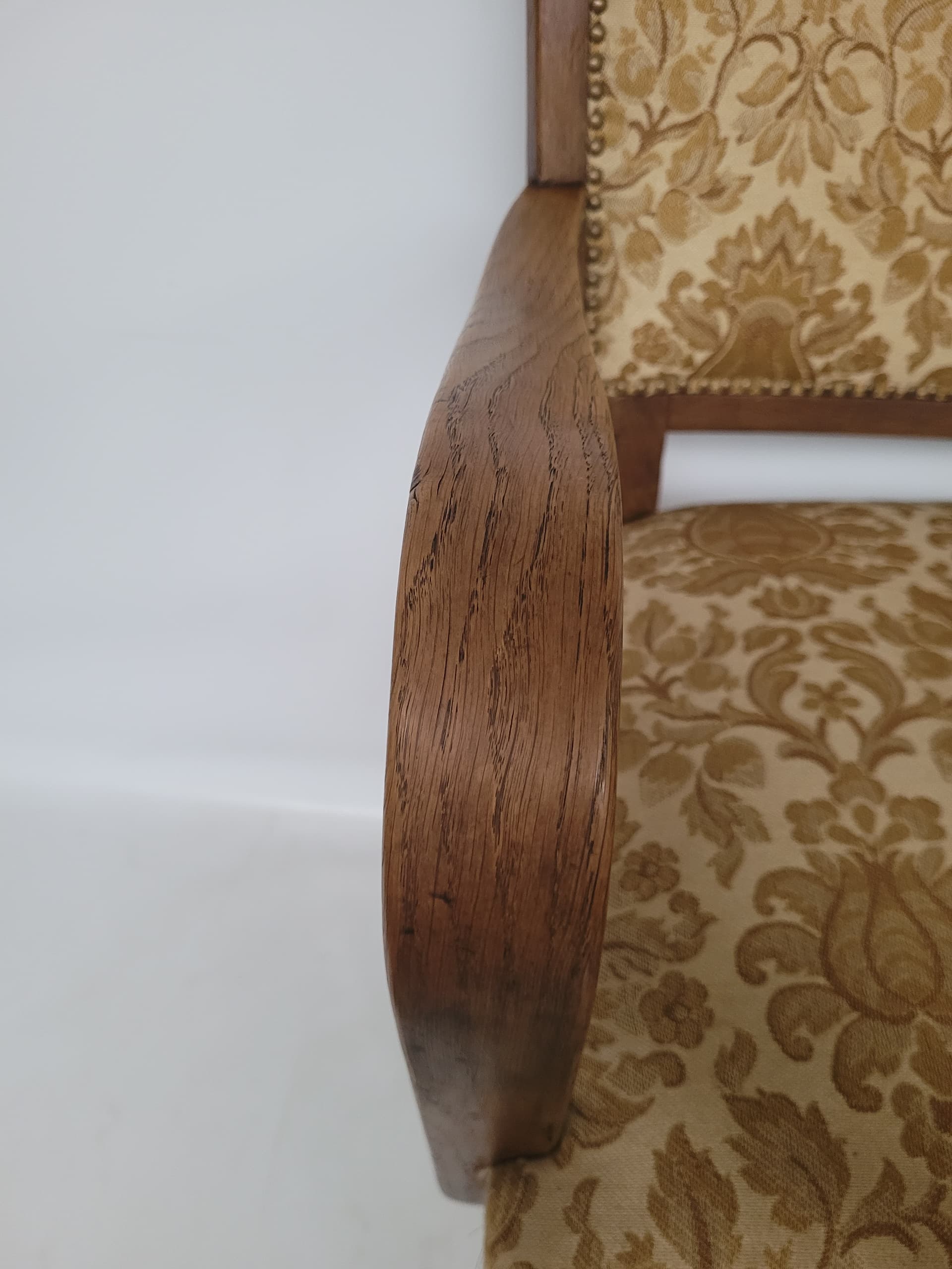 Armchair Art Deco, brown wood, gold-beige fabric, 1950s. - 348623