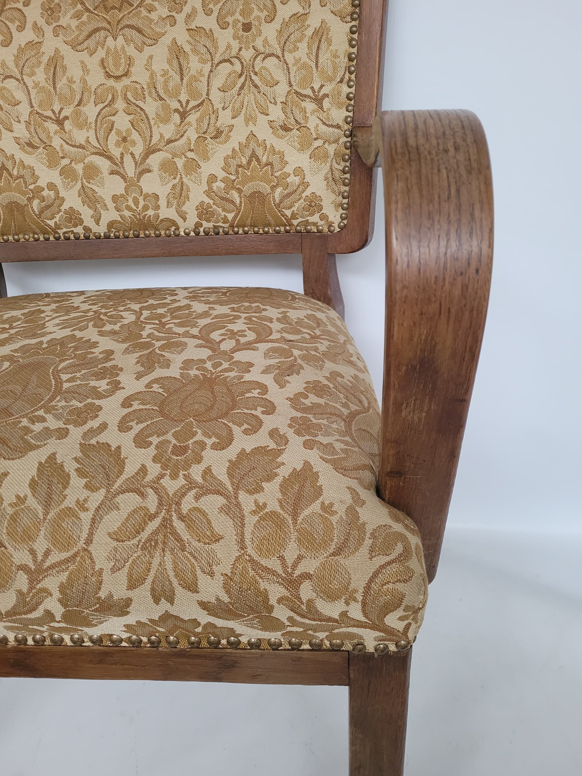 Armchair Art Deco, brown wood, gold-beige fabric, 1950s. - 348629