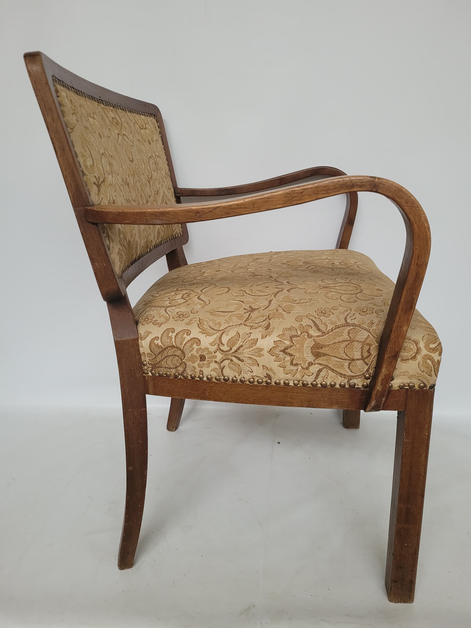 Armchair Art Deco, brown wood, gold-beige fabric, 1950s. - 348626