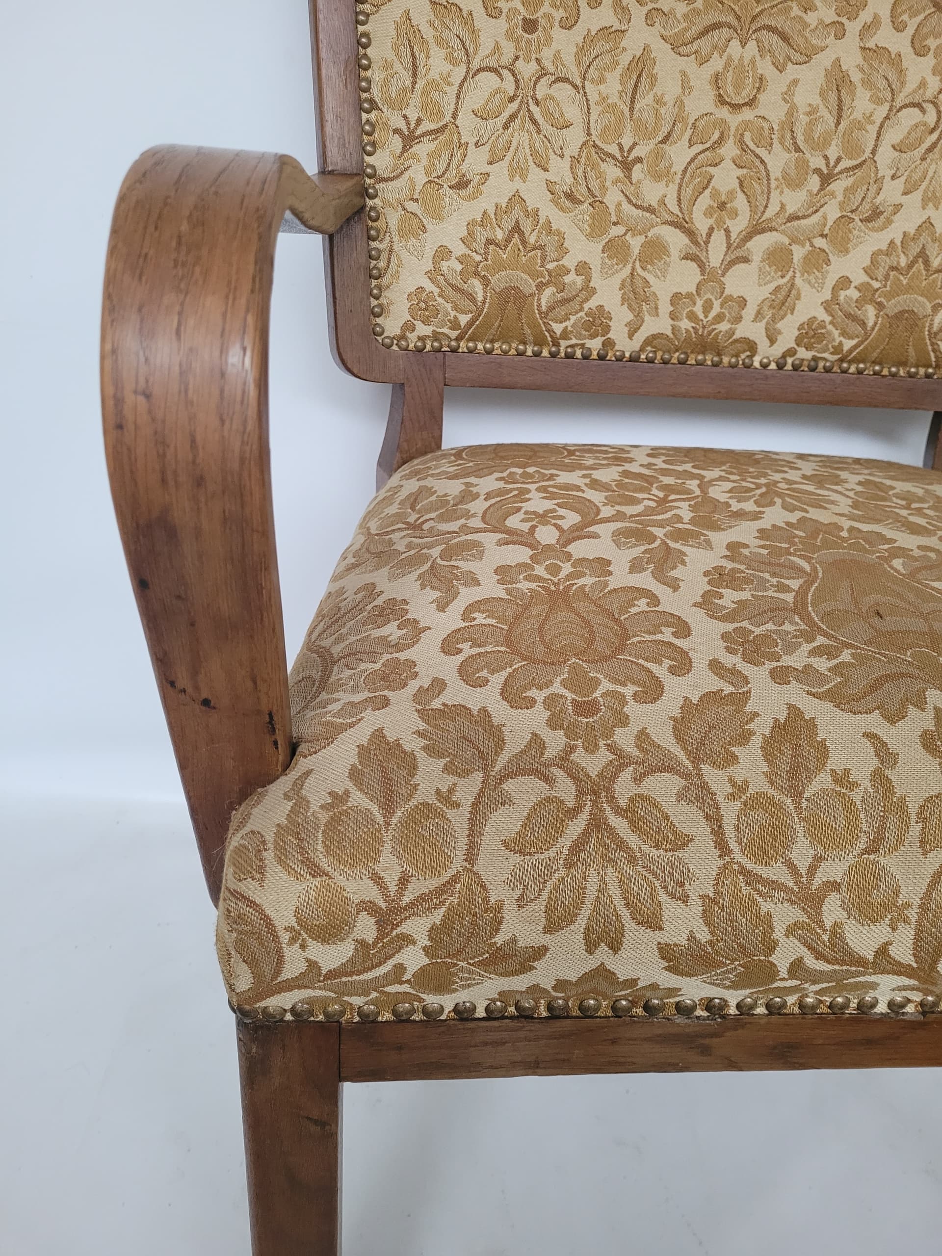 Armchair Art Deco, brown wood, gold-beige fabric, 1950s. - 348627