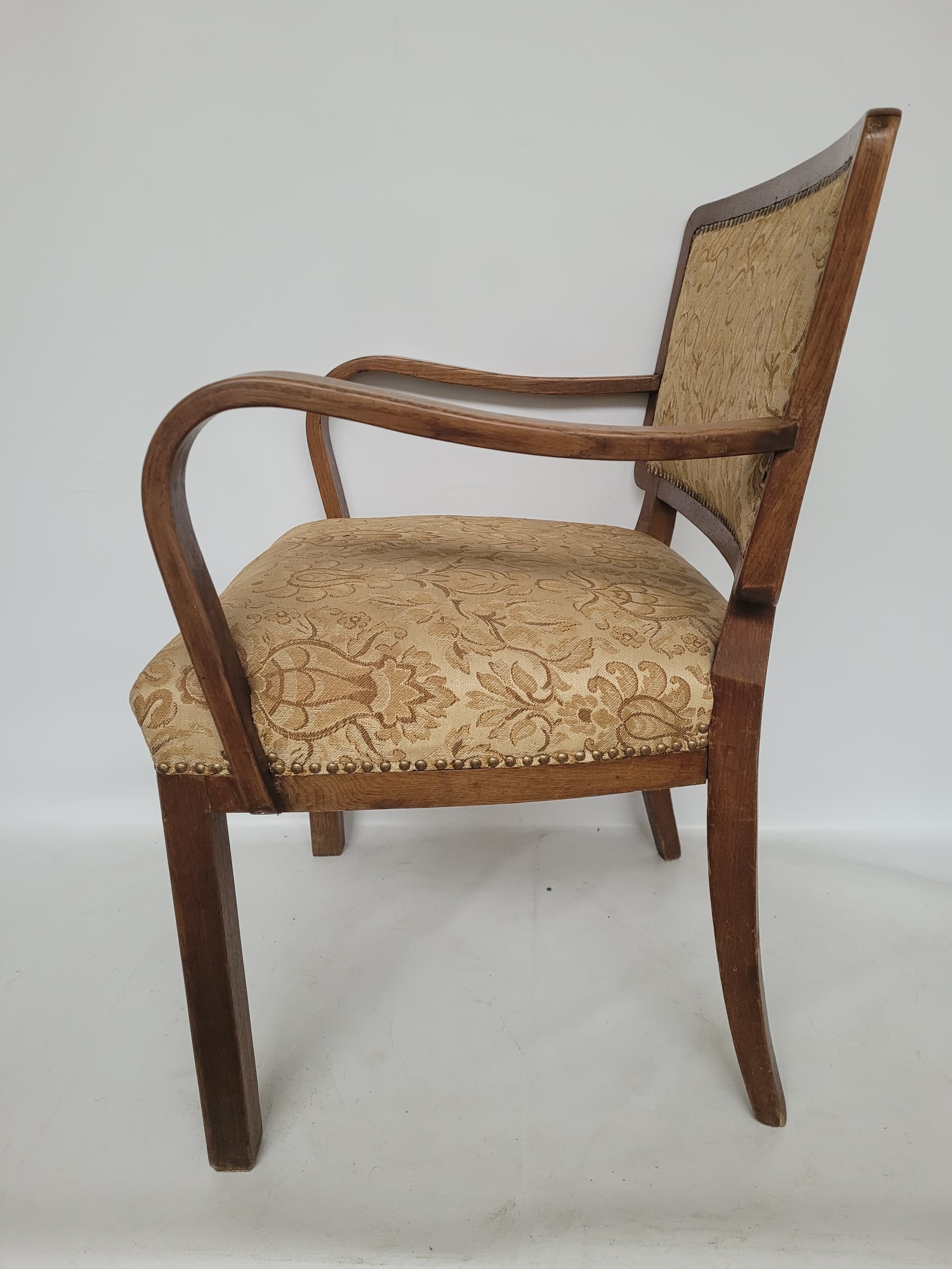 Armchair Art Deco, brown wood, gold-beige fabric, 1950s. - 348622
