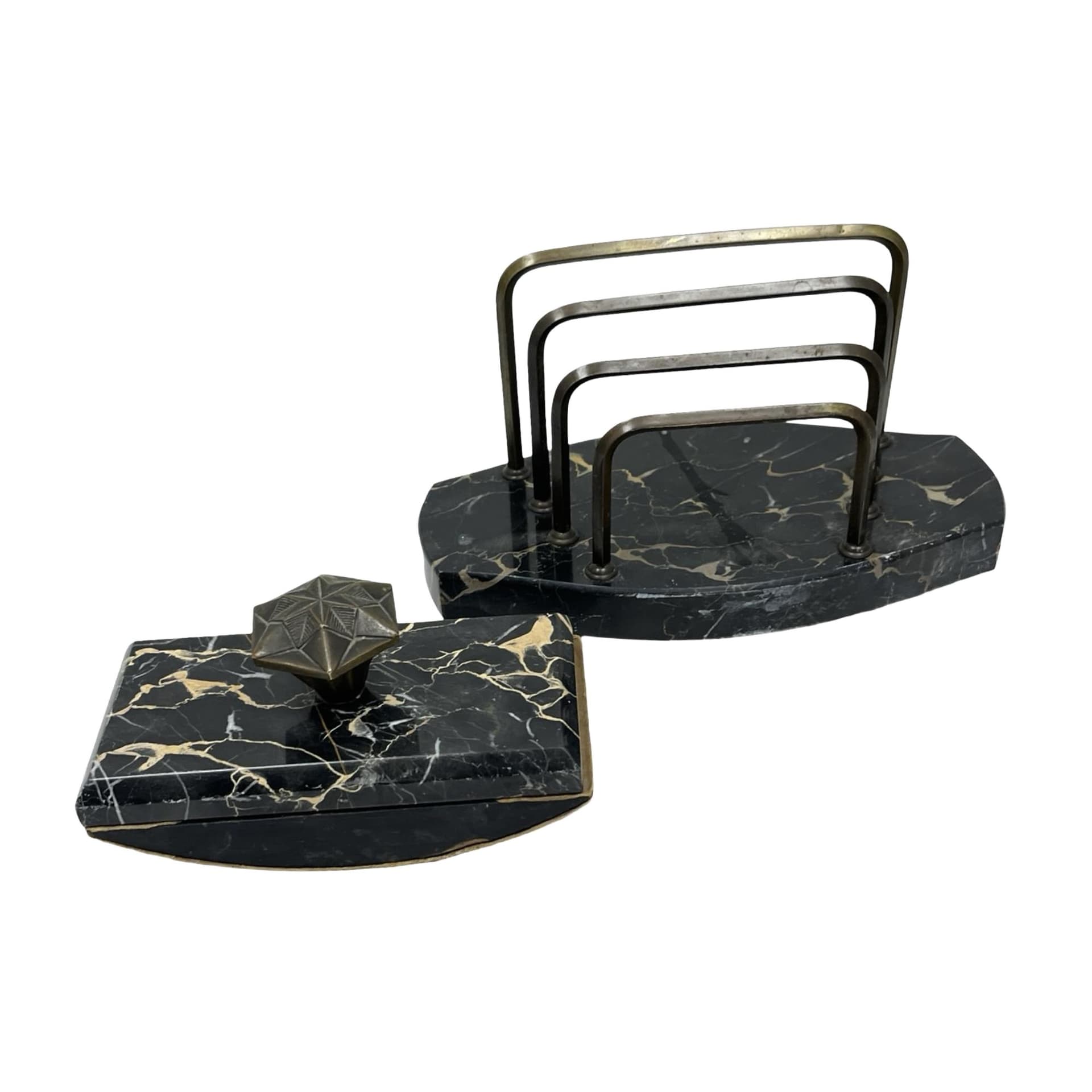 Two-piece desk set Art Deco, Nero Portoro marble, patinated brass, Italy, 1930s