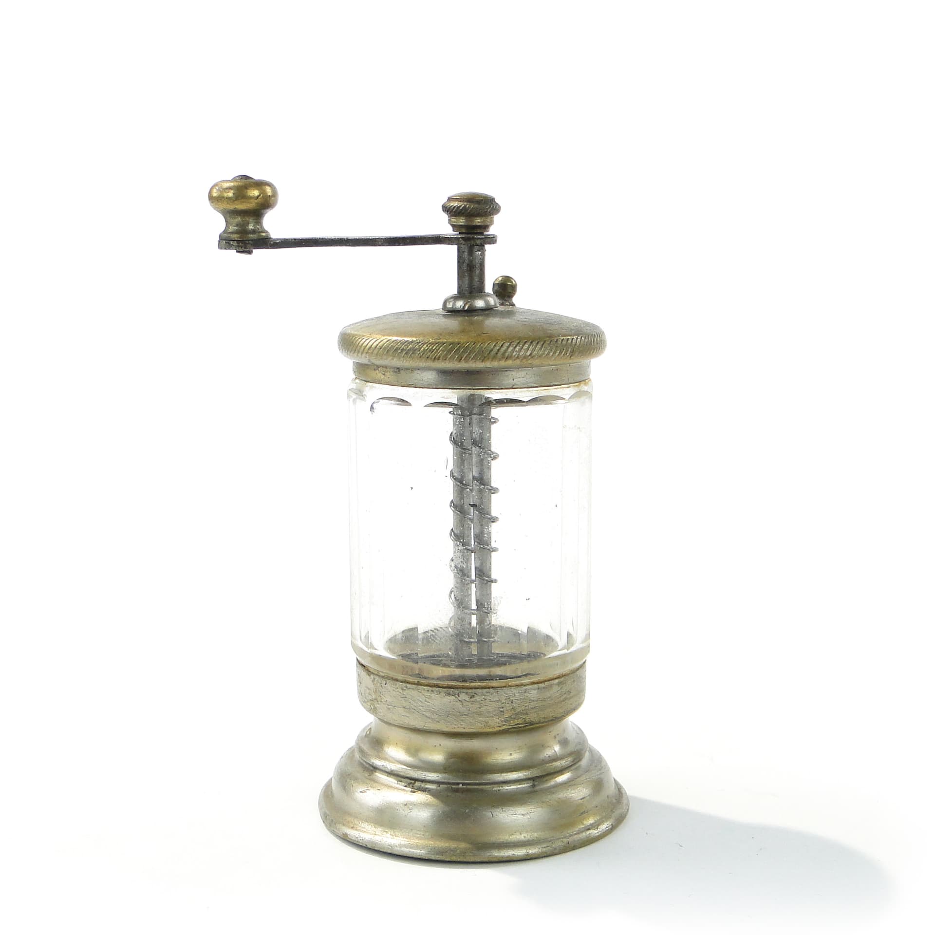 Miniature Spice Grinder, transparent crystal, gold brass, turn of the 19th and 20th century