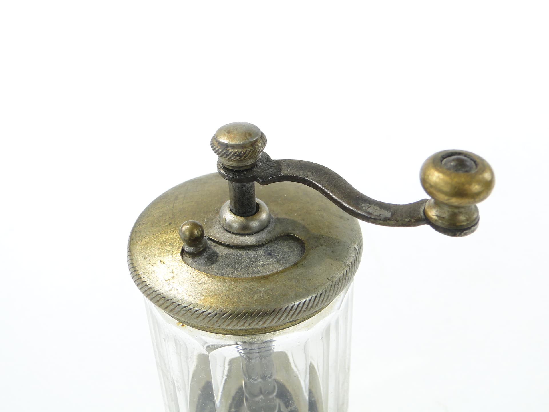Miniature Spice Grinder, transparent crystal, gold brass, turn of the 19th and 20th century - 349230