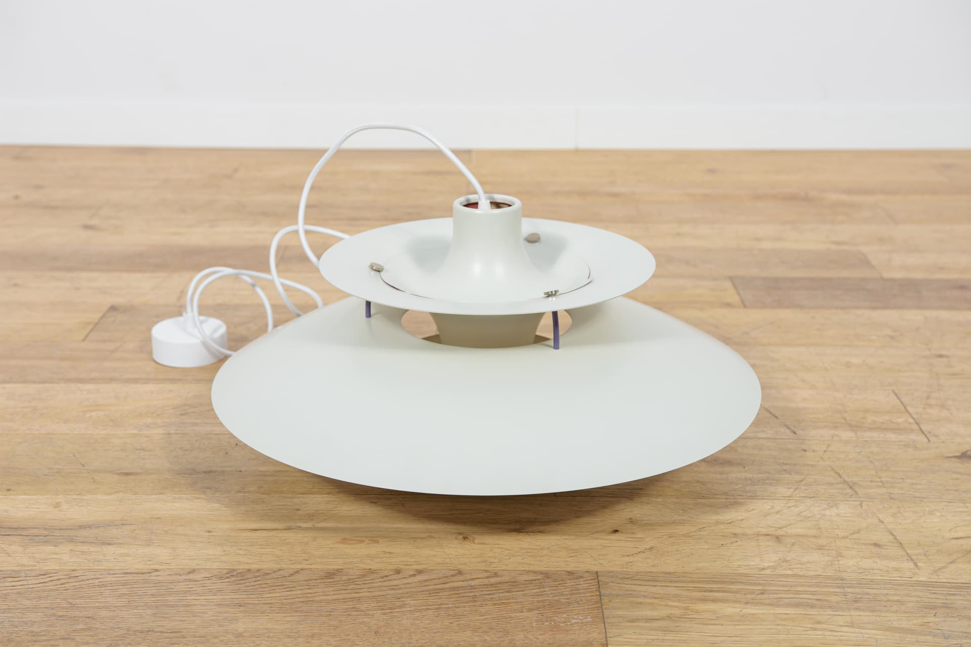 Pendant lamp PH5, white aluminum, by P. Henningsen, Louis Poulsen, Denmark, 1960s. - 349379