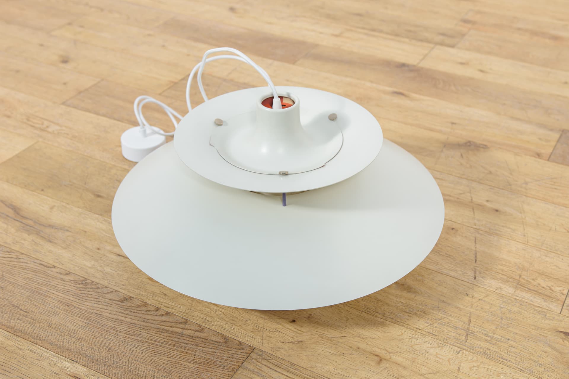 Pendant lamp PH5, white aluminum, by P. Henningsen, Louis Poulsen, Denmark, 1960s. - 349381