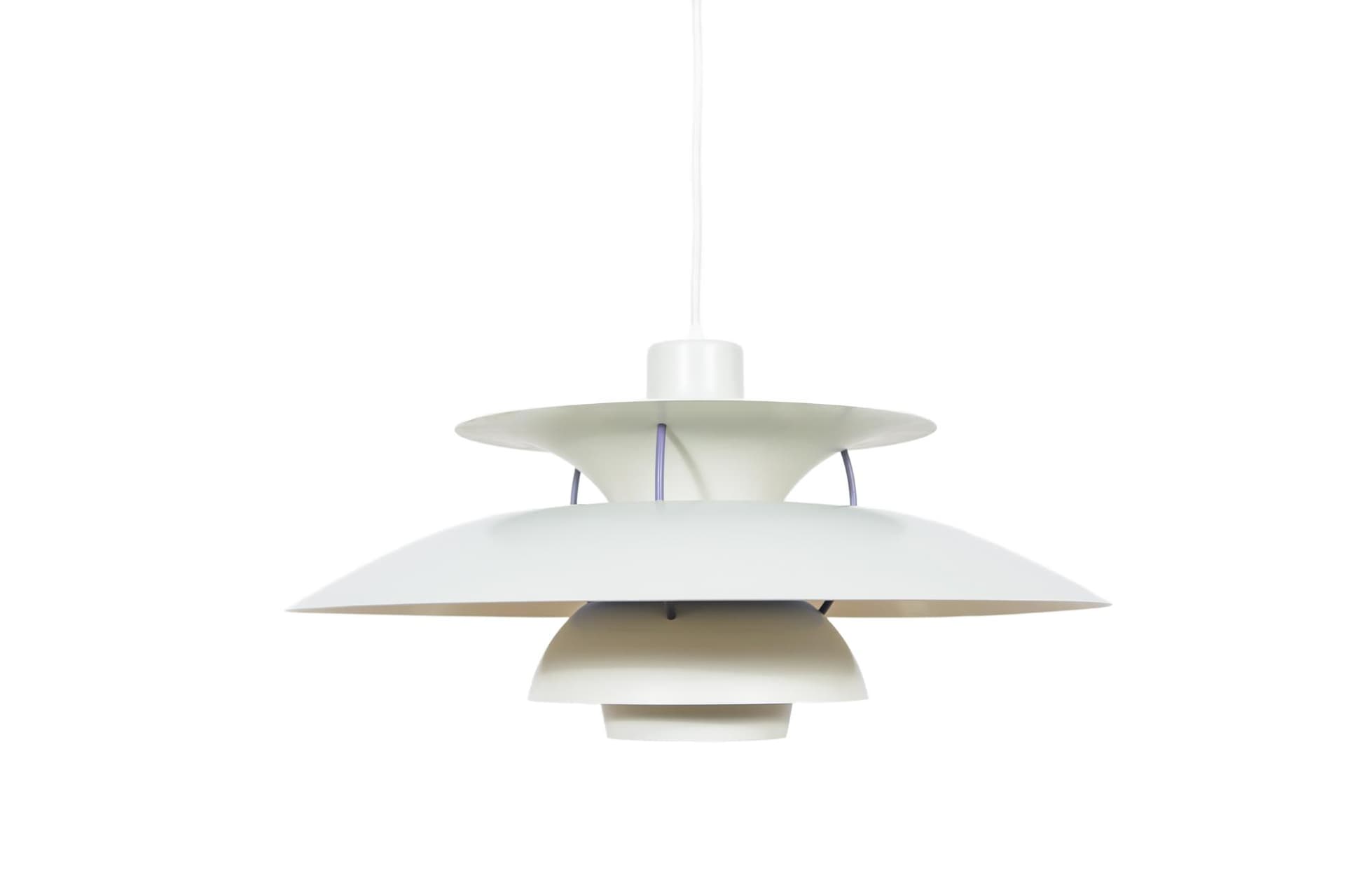 Pendant lamp PH5, white aluminum, by P. Henningsen, Louis Poulsen, Denmark, 1960s.