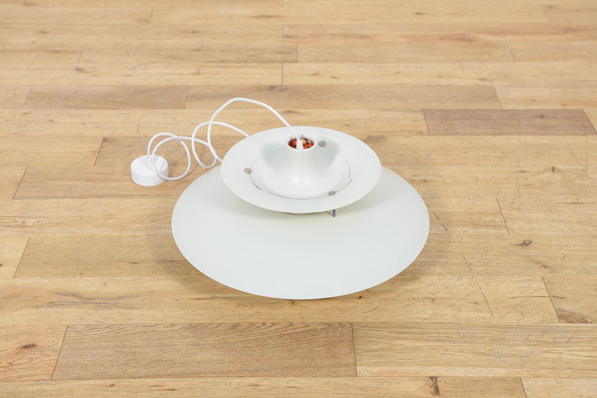 Pendant lamp PH5, white aluminum, by P. Henningsen, Louis Poulsen, Denmark, 1960s. - 349378