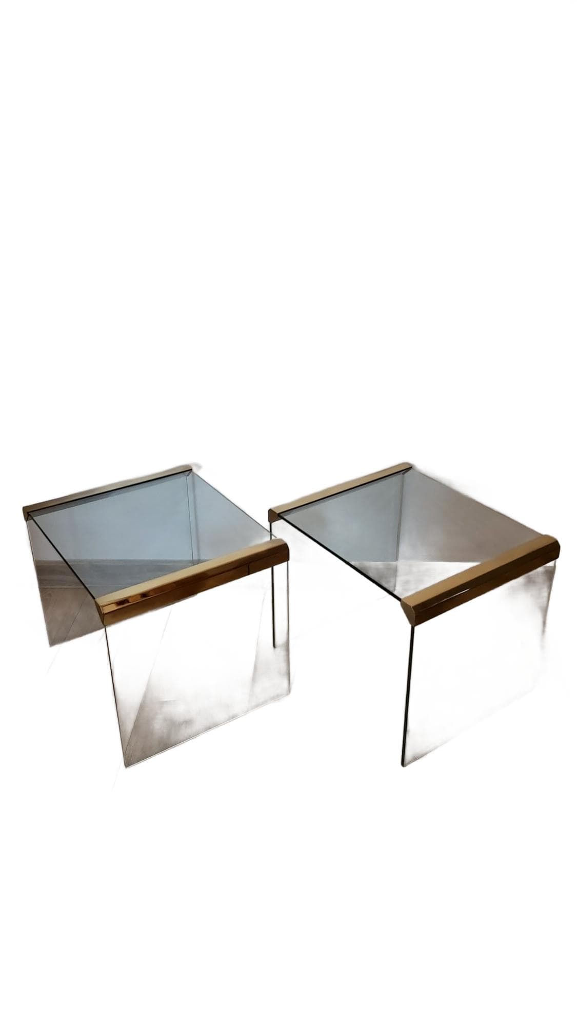 Pair of side tables, transparent greenish glass, gold brass, Italy, 1970s.