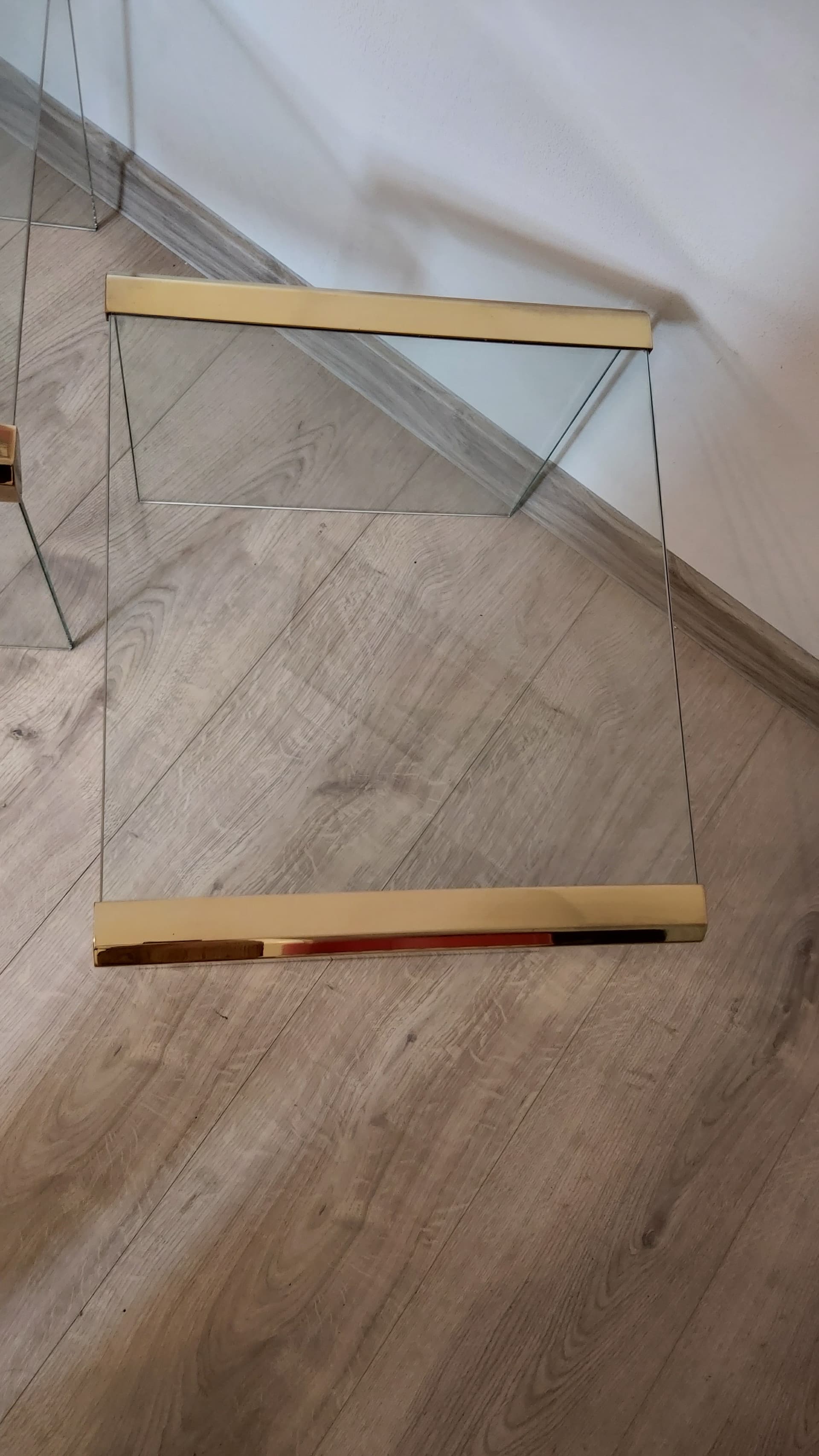 Pair of side tables, transparent greenish glass, gold brass, Italy, 1970s. - 349417