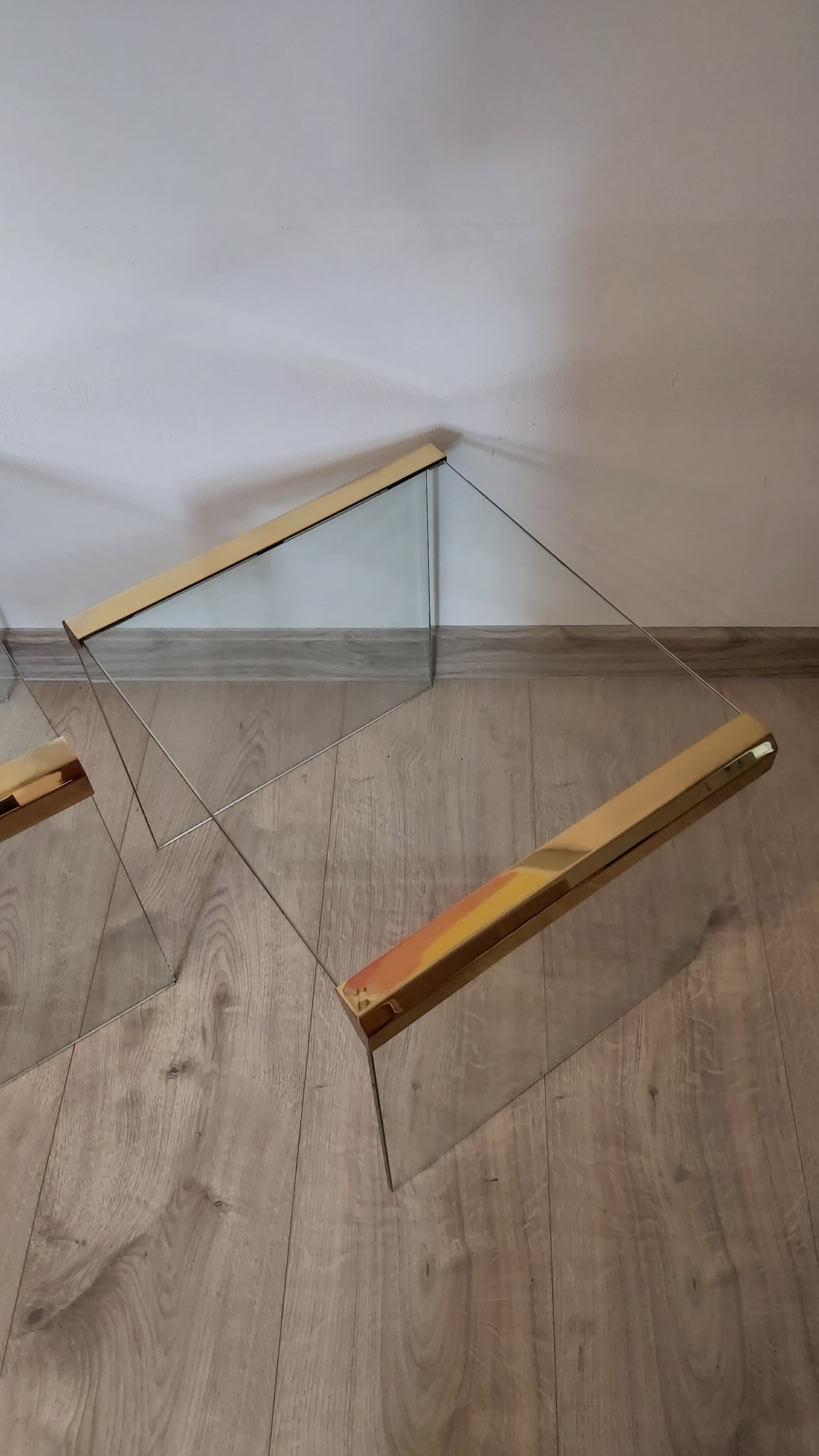 Pair of side tables, transparent greenish glass, gold brass, Italy, 1970s. - 349414