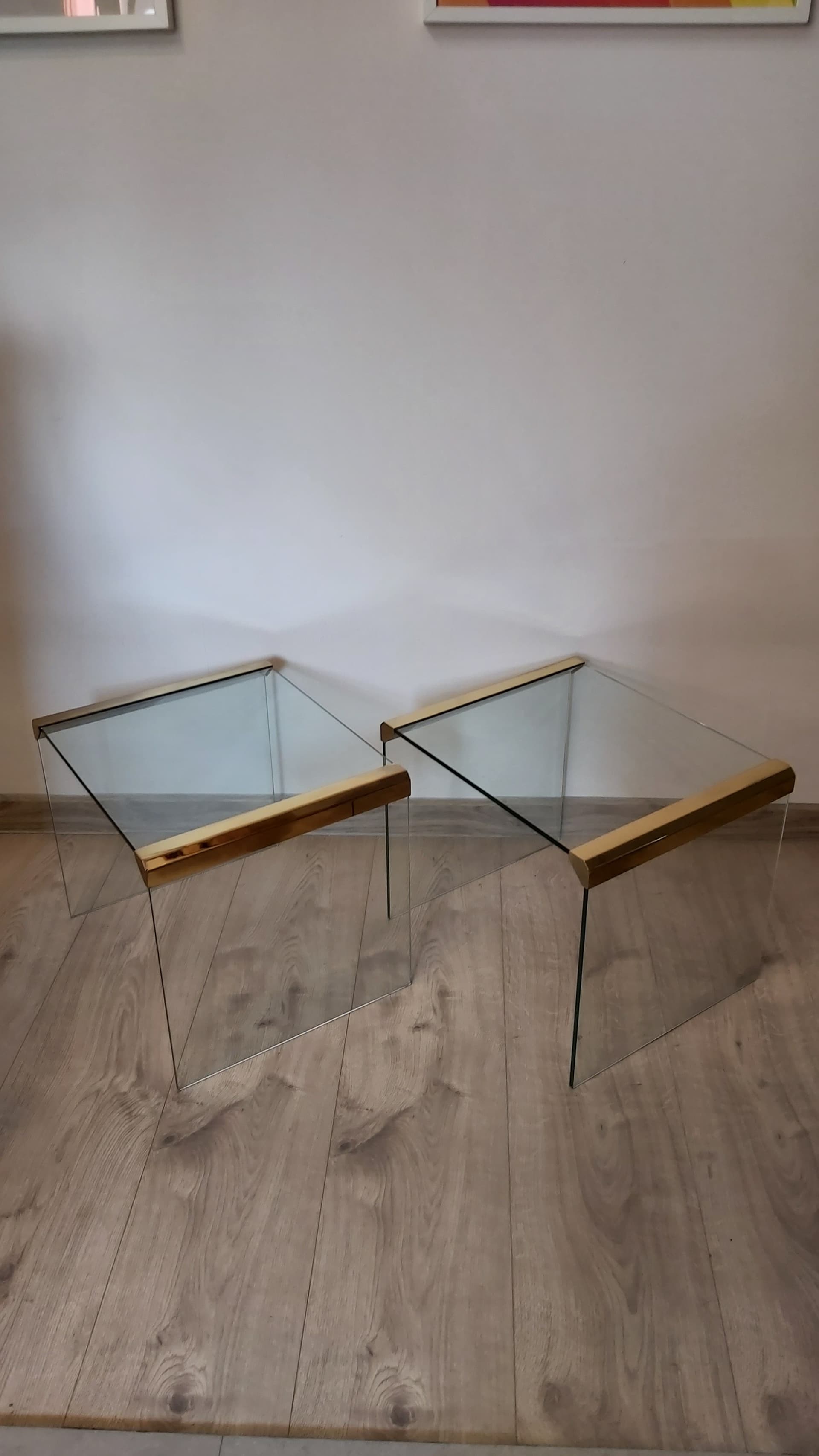 Pair of side tables, transparent greenish glass, gold brass, Italy, 1970s. - 349409