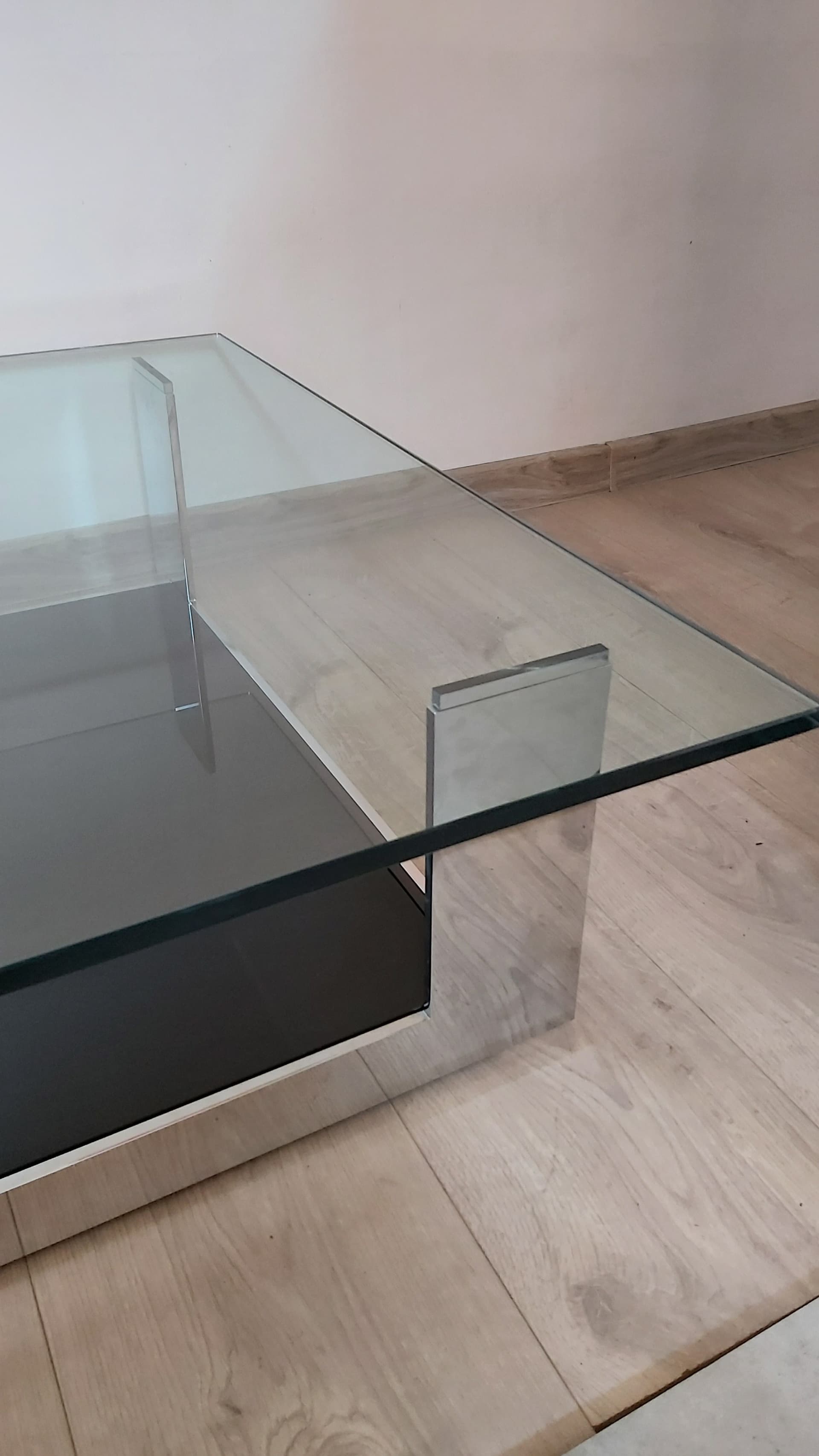 Coffee table, transparent glass, black glass, chrome, Italy, 1990s. - 349578