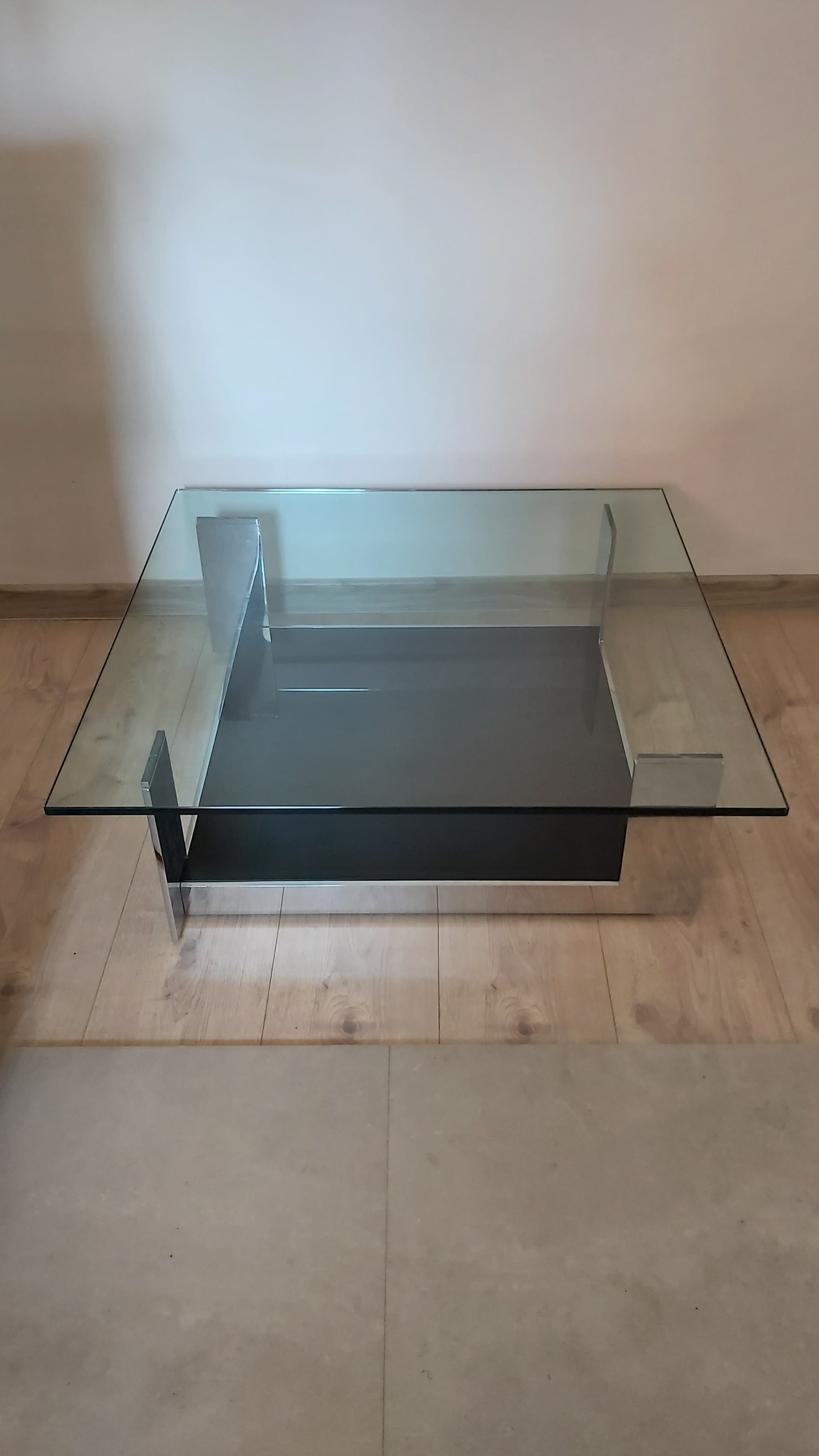 Coffee table, transparent glass, black glass, chrome, Italy, 1990s. - 349573