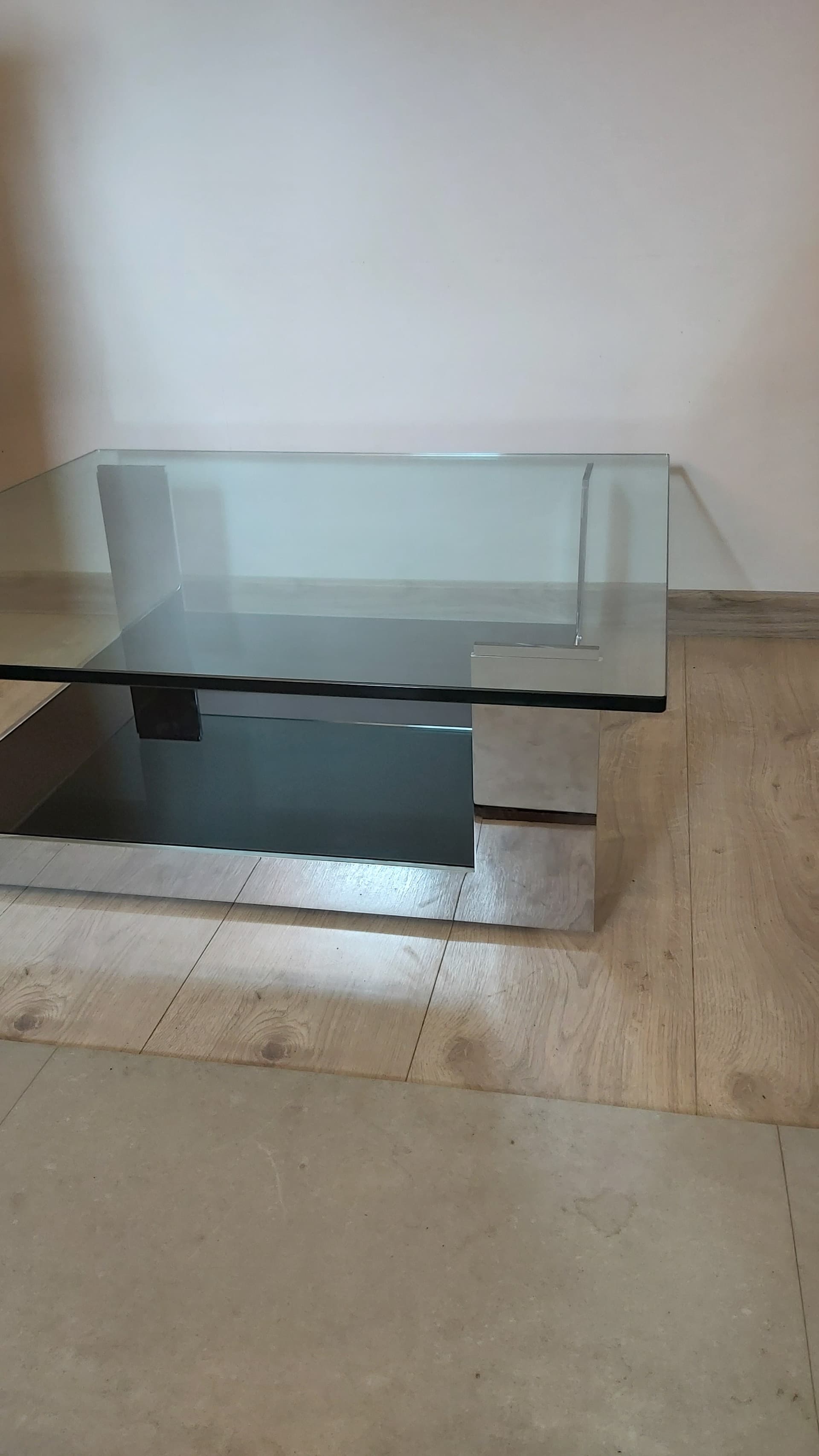 Coffee table, transparent glass, black glass, chrome, Italy, 1990s. - 349581