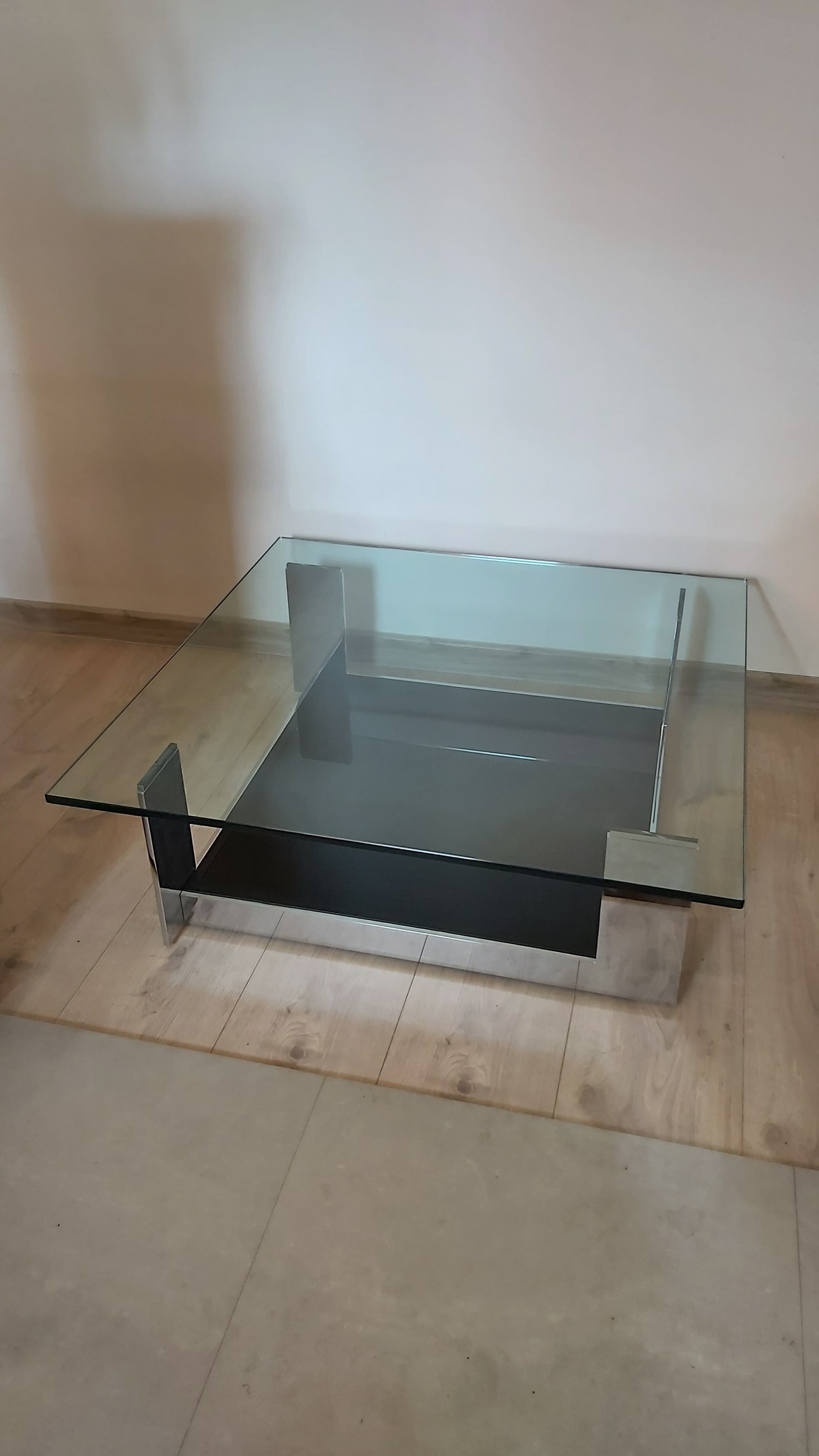 Coffee table, transparent glass, black glass, chrome, Italy, 1990s. - 349574