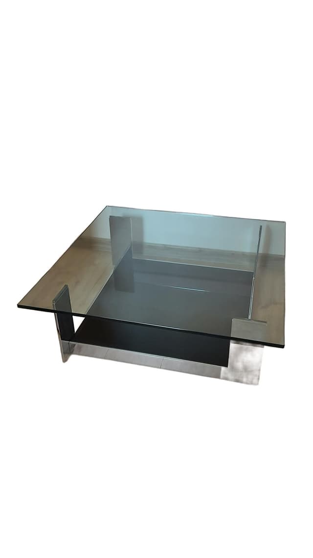Coffee table, transparent glass, black glass, chrome, Italy, 1990s. - DIMENSION