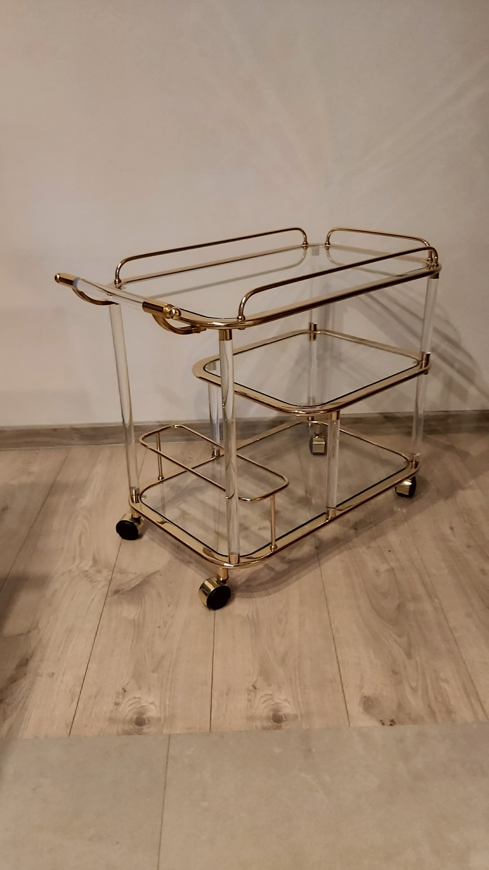 Bar cart, gold, clear acrylic, glass, Italy, 1980s - 349616