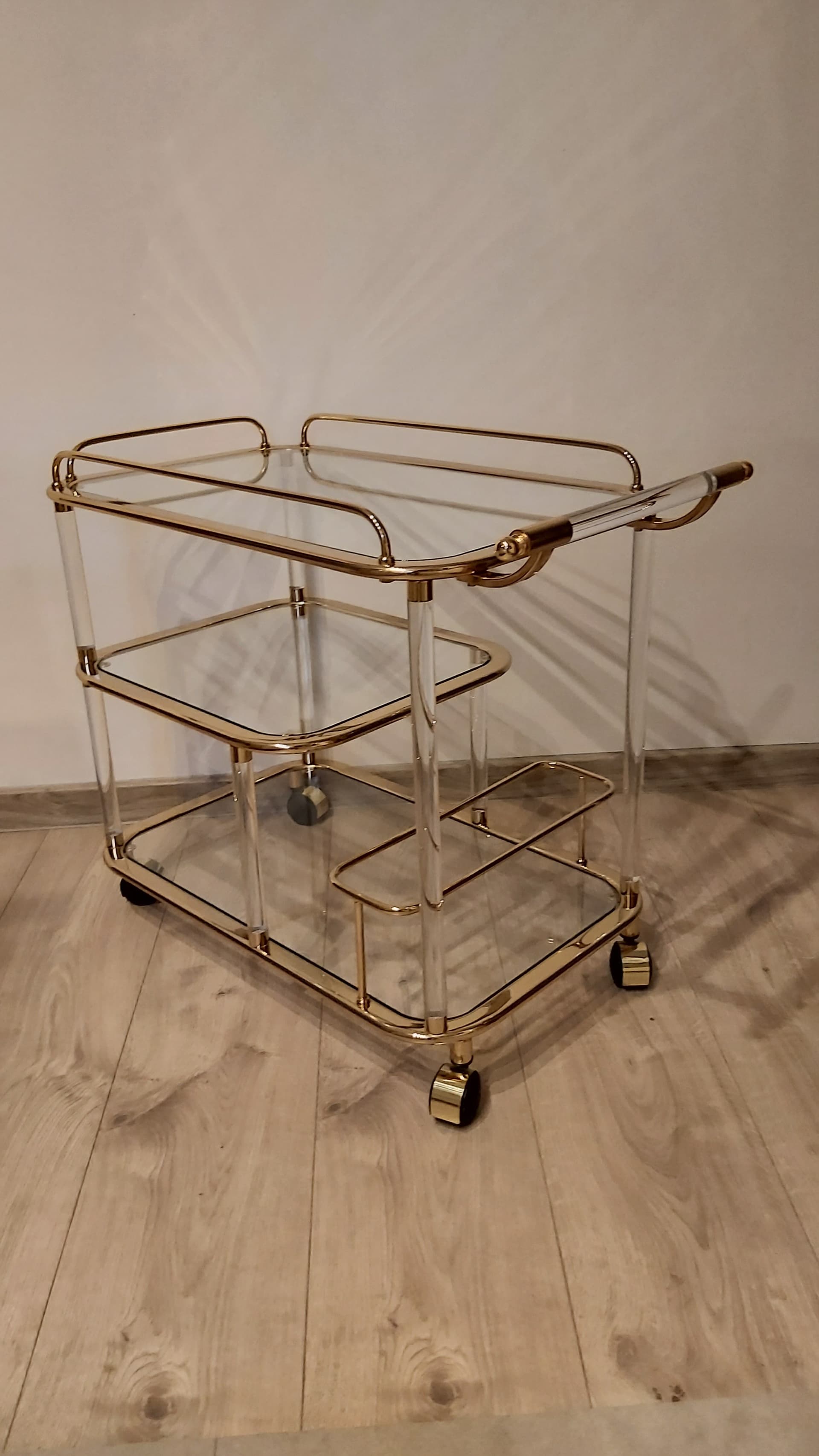 Bar cart, gold, clear acrylic, glass, Italy, 1980s - 349617