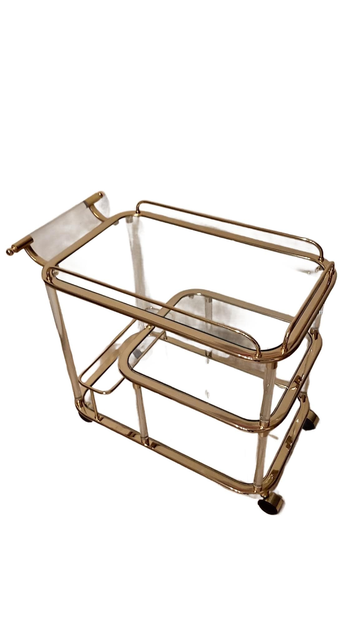 Bar cart, gold, clear acrylic, glass, Italy, 1980s