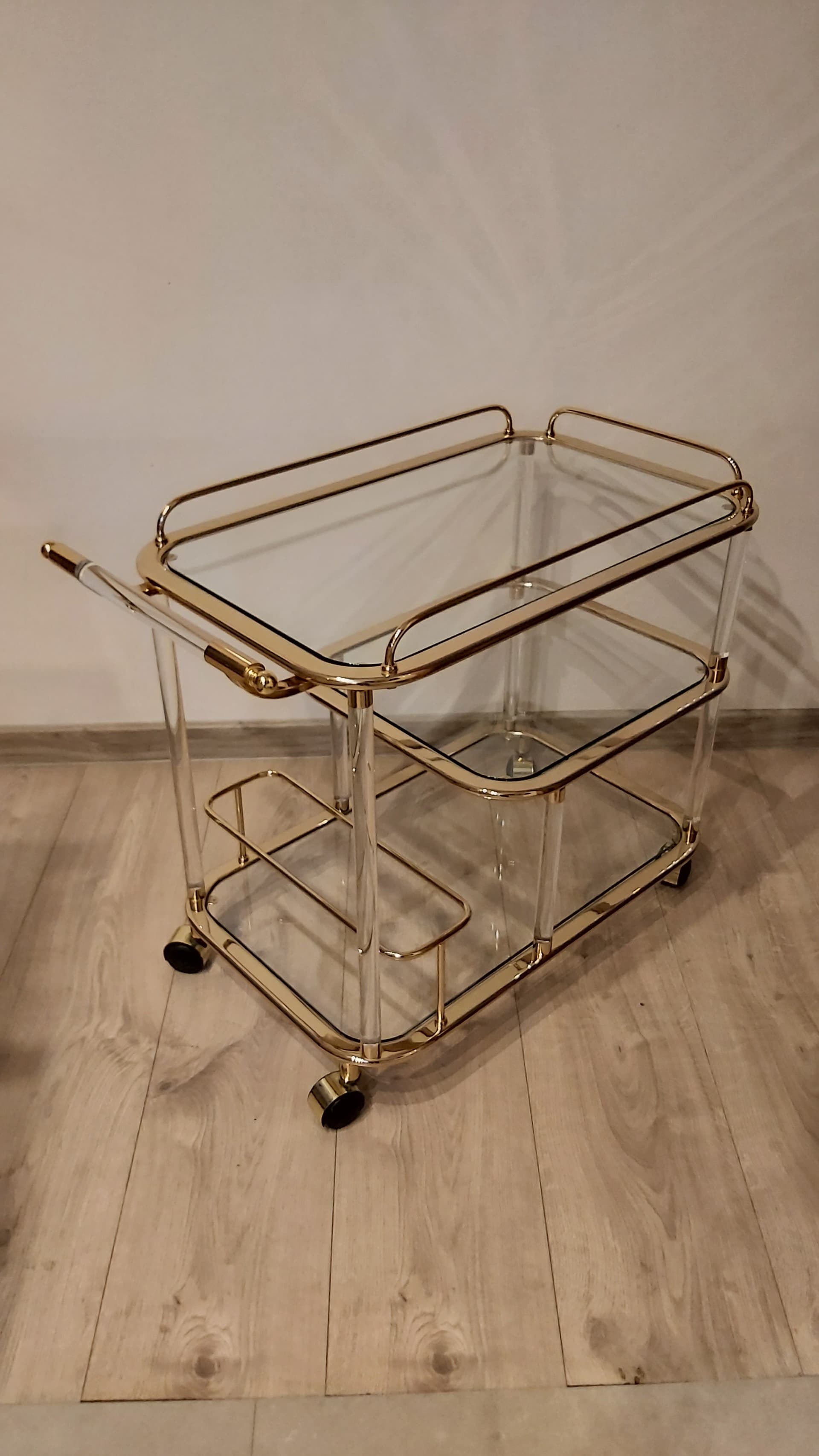 Bar cart, gold, clear acrylic, glass, Italy, 1980s - 349611