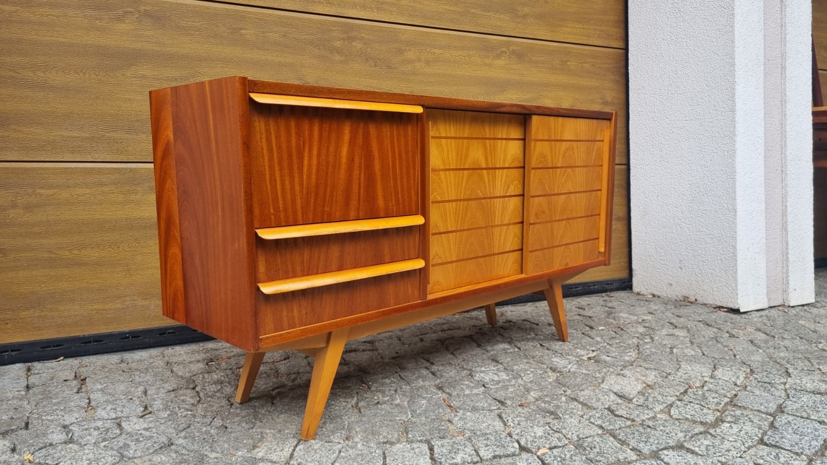 Sideboard, brown, wood, plywood, Czechoslovakia, 1960s. - 349696