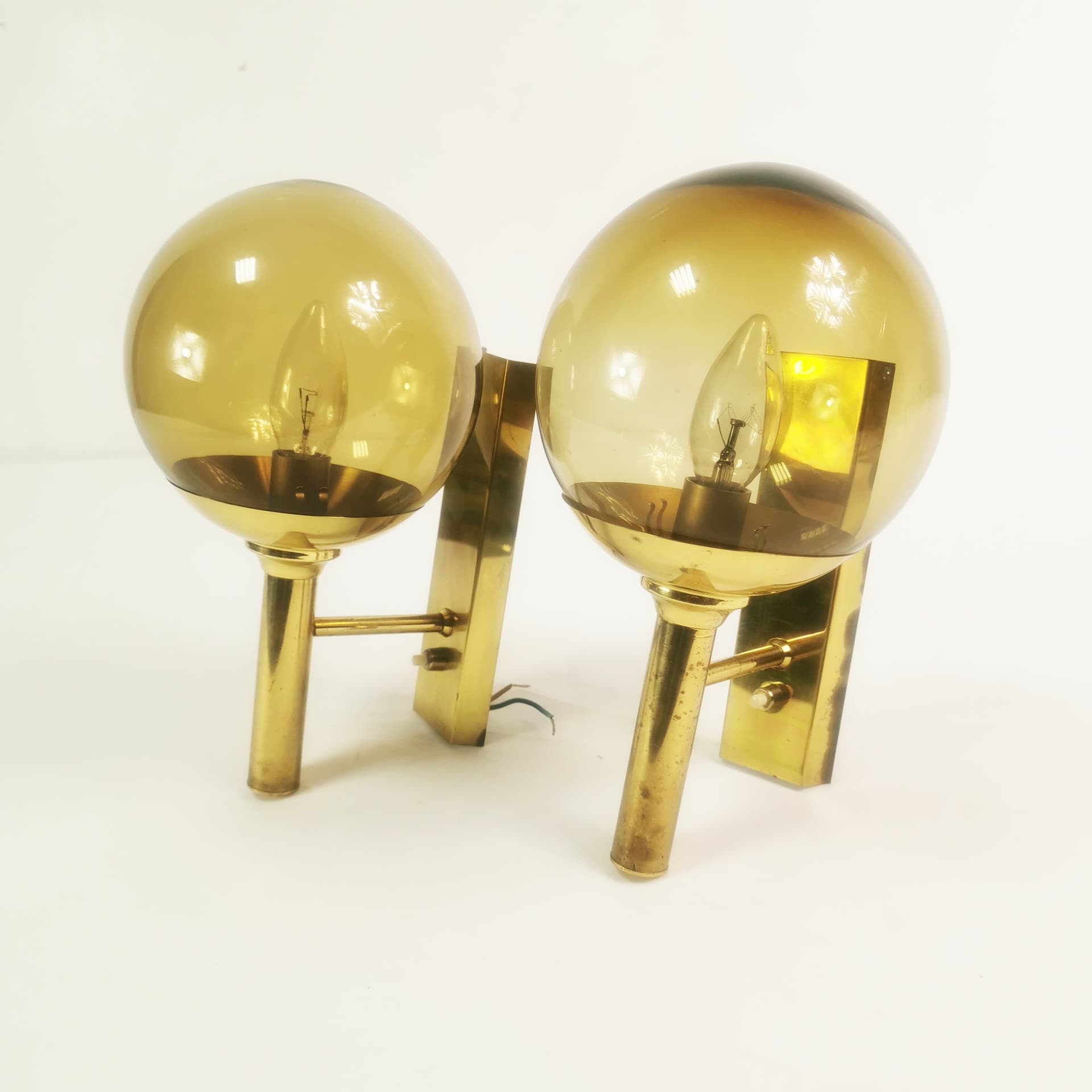 Pair of wall sconces Mid Century, gold brass, smoked glass, by Sv. Mejlstrøm, Mejlstrøm Belysning, Norway, 1960s. - 349712