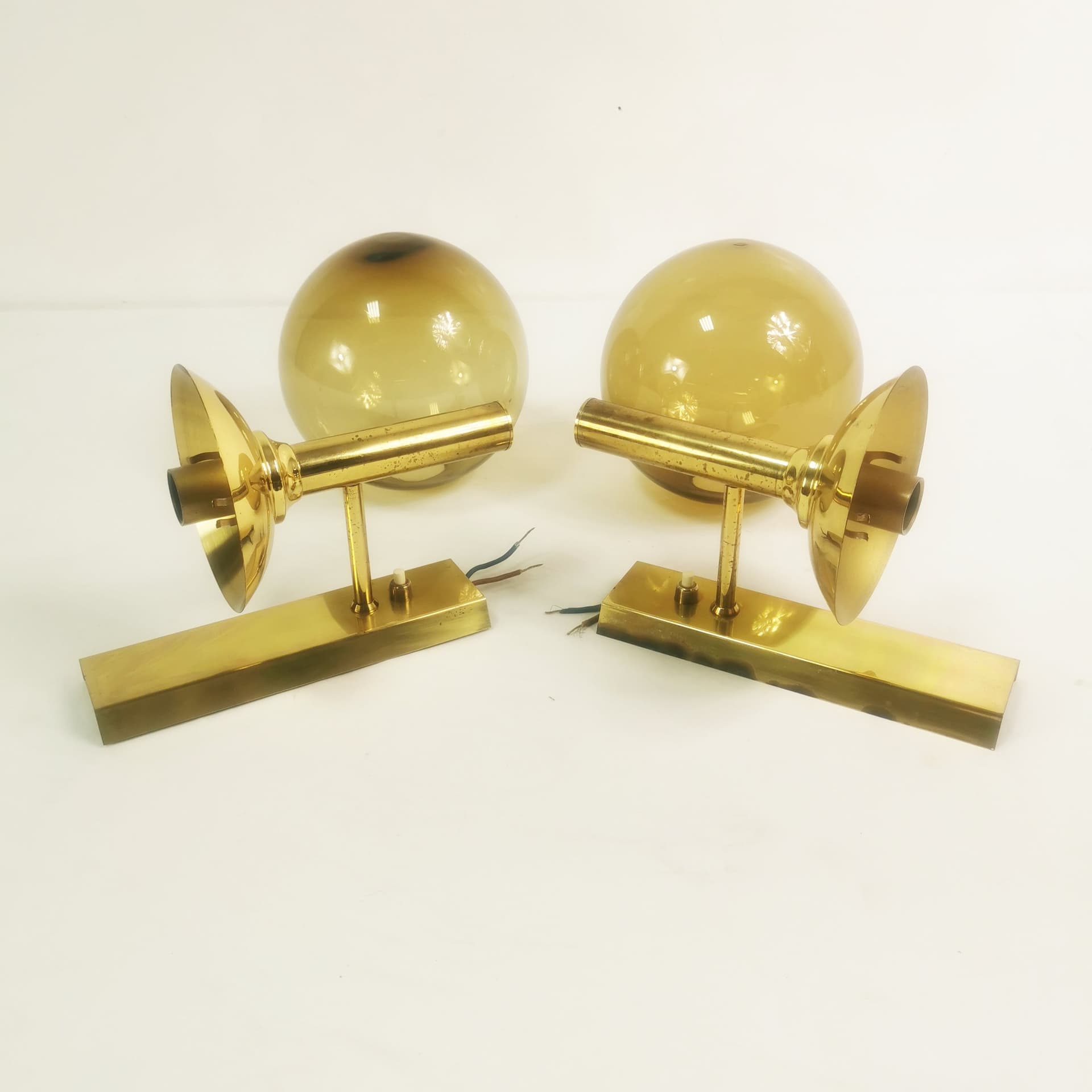 Pair of wall sconces Mid Century, gold brass, smoked glass, by Sv. Mejlstrøm, Mejlstrøm Belysning, Norway, 1960s. - 349716