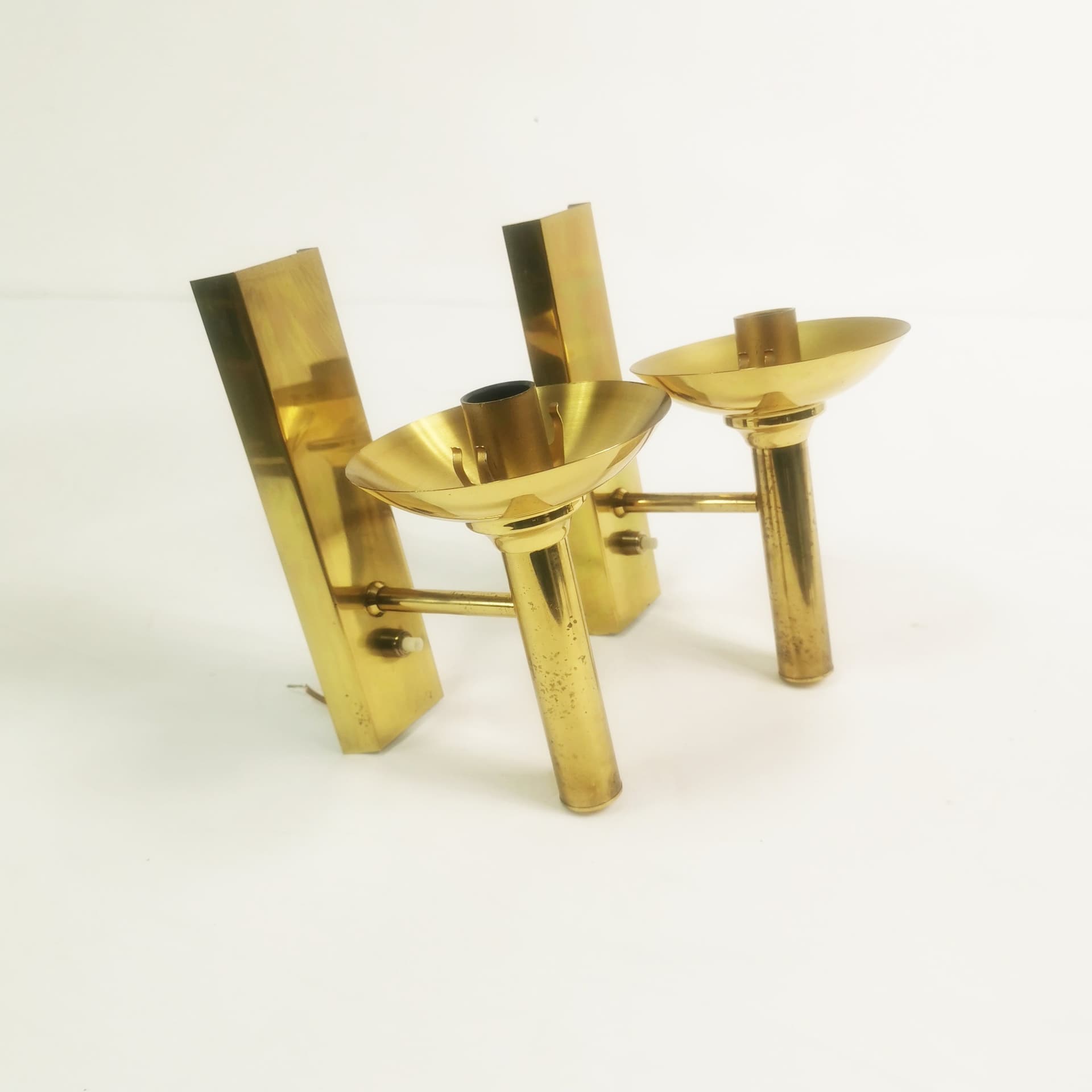 Pair of wall sconces Mid Century, gold brass, smoked glass, by Sv. Mejlstrøm, Mejlstrøm Belysning, Norway, 1960s. - 349718