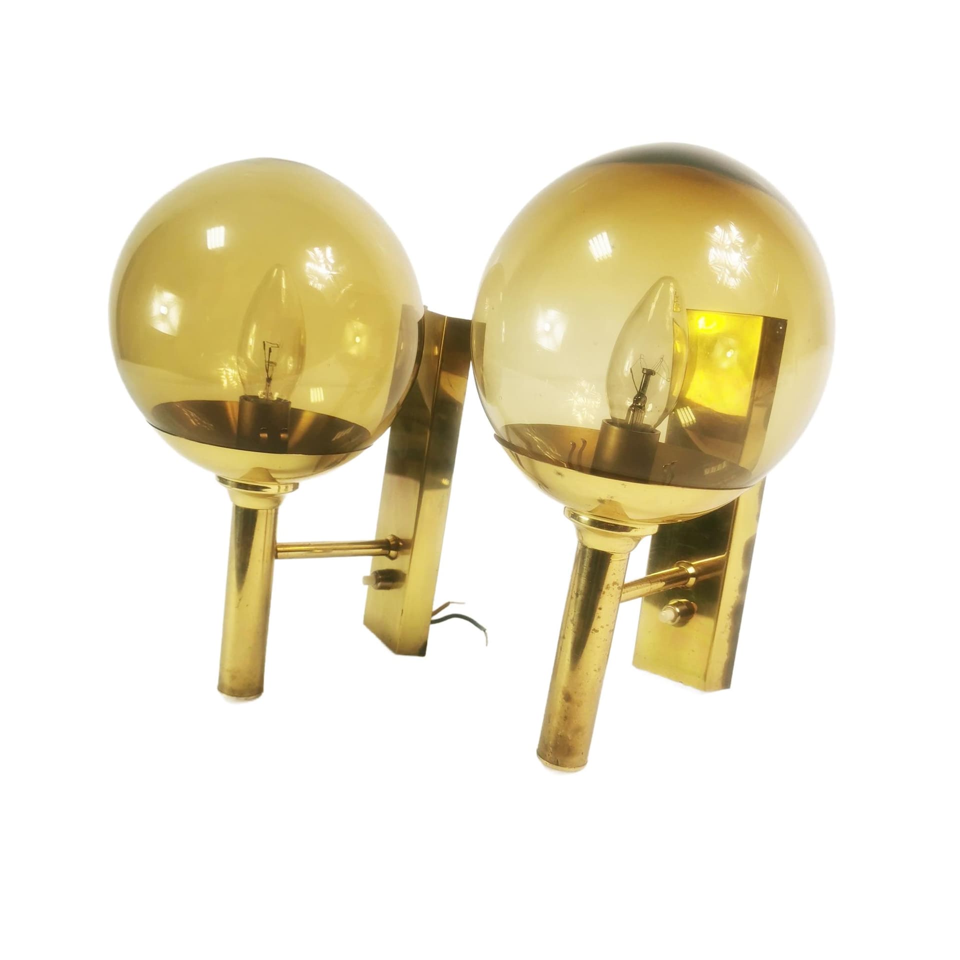 Pair of wall sconces Mid Century, gold brass, smoked glass, by Sv. Mejlstrøm, Mejlstrøm Belysning, Norway, 1960s.