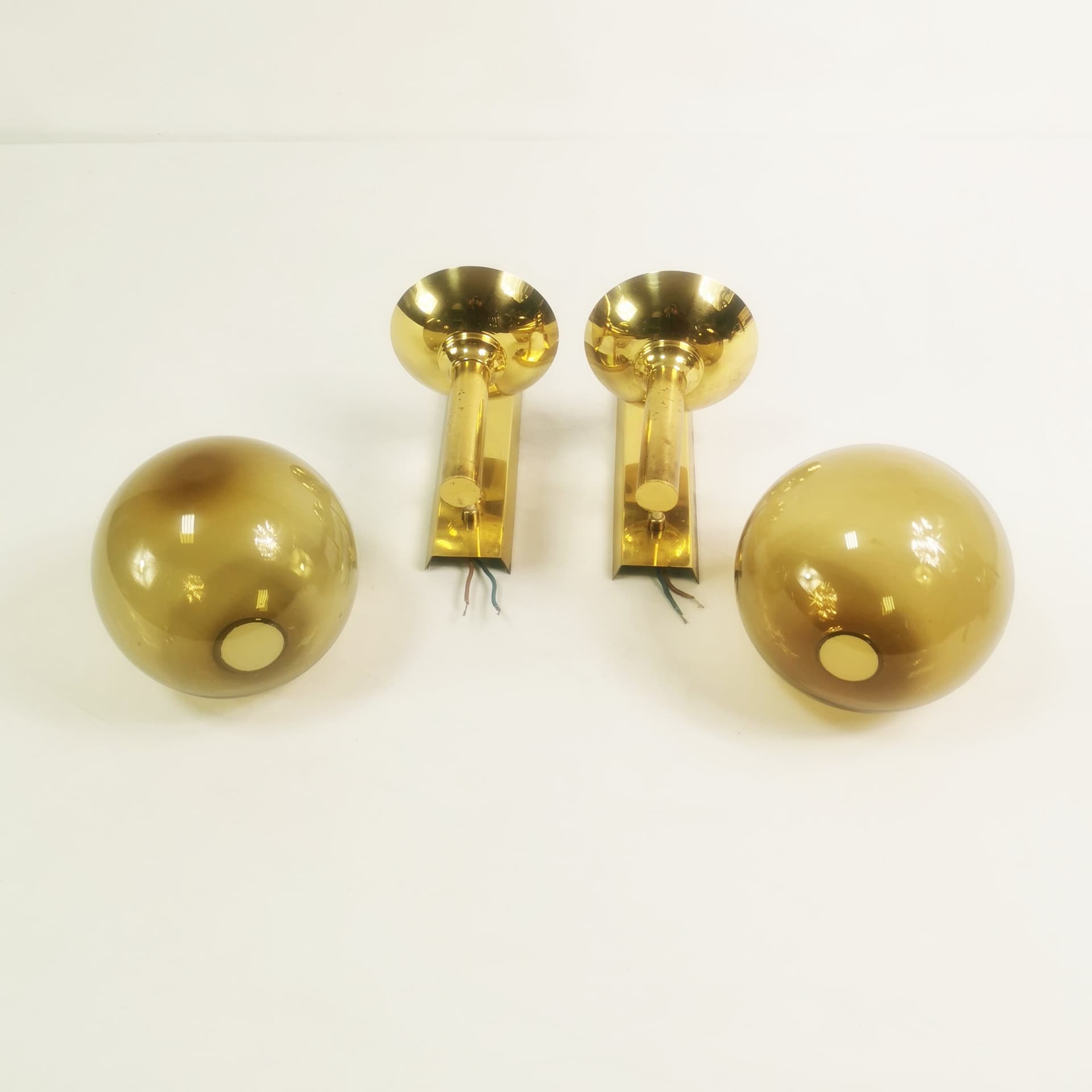 Pair of wall sconces Mid Century, gold brass, smoked glass, by Sv. Mejlstrøm, Mejlstrøm Belysning, Norway, 1960s. - 349715