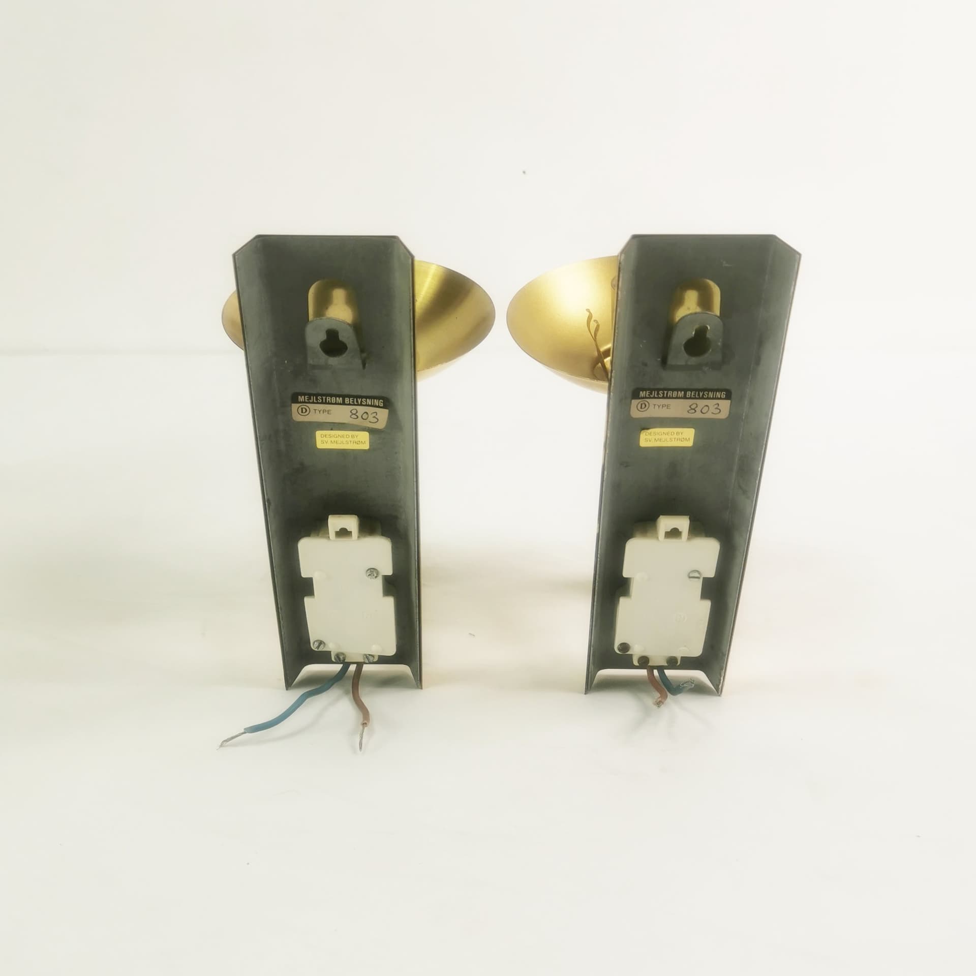 Pair of wall sconces Mid Century, gold brass, smoked glass, by Sv. Mejlstrøm, Mejlstrøm Belysning, Norway, 1960s. - 349720