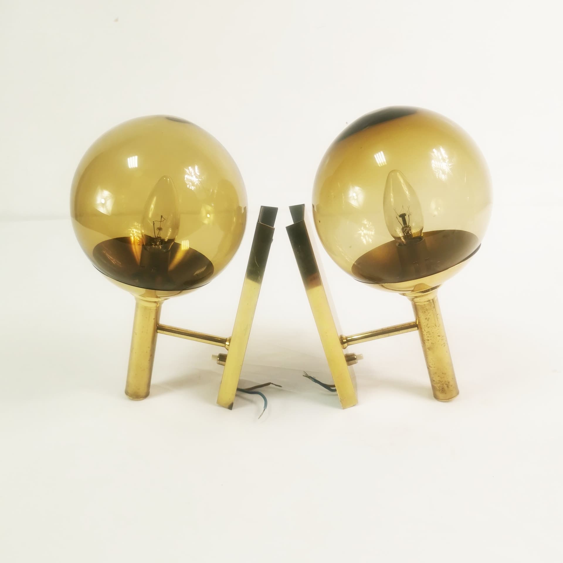 Pair of wall sconces Mid Century, gold brass, smoked glass, by Sv. Mejlstrøm, Mejlstrøm Belysning, Norway, 1960s. - 349714
