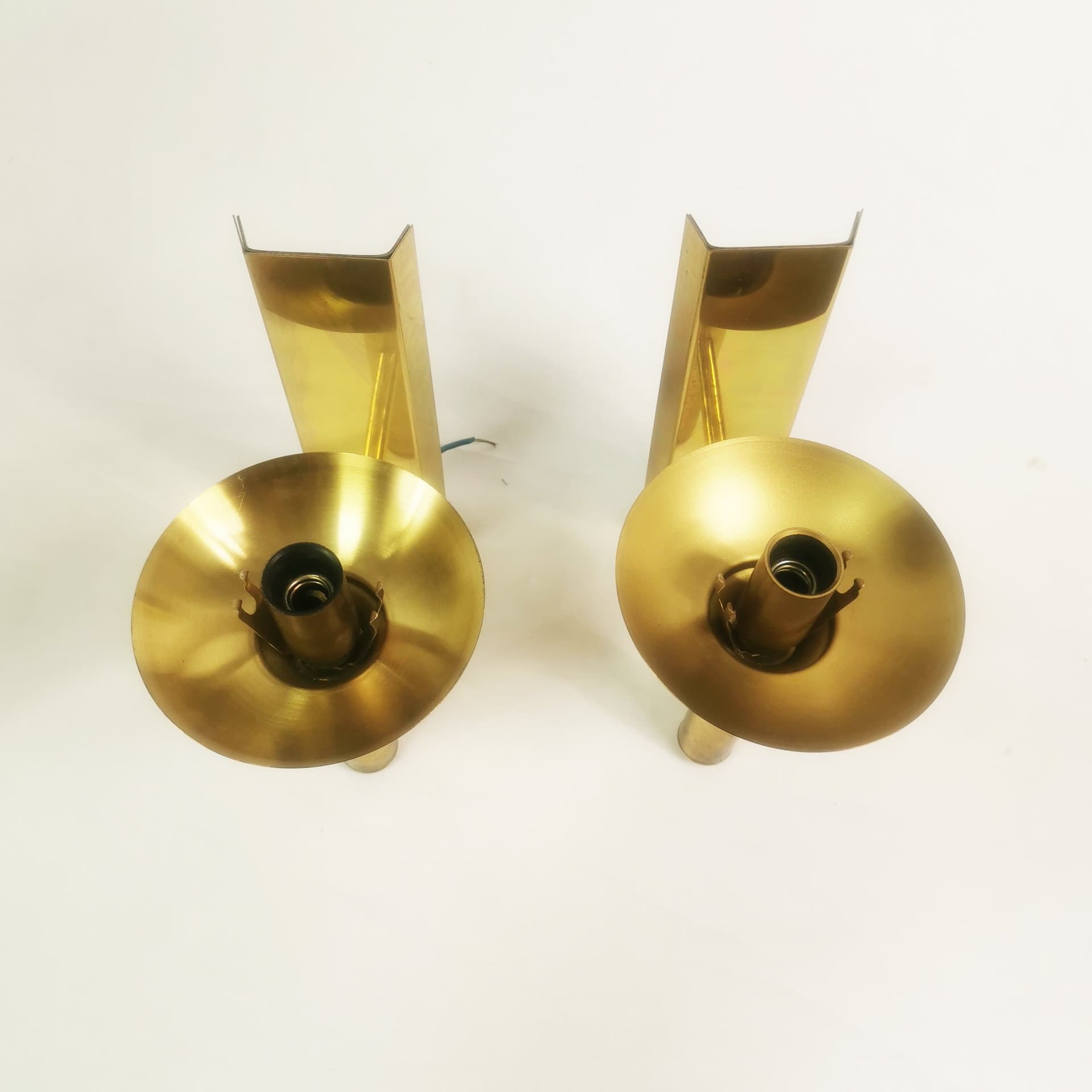 Pair of wall sconces Mid Century, gold brass, smoked glass, by Sv. Mejlstrøm, Mejlstrøm Belysning, Norway, 1960s. - 349719