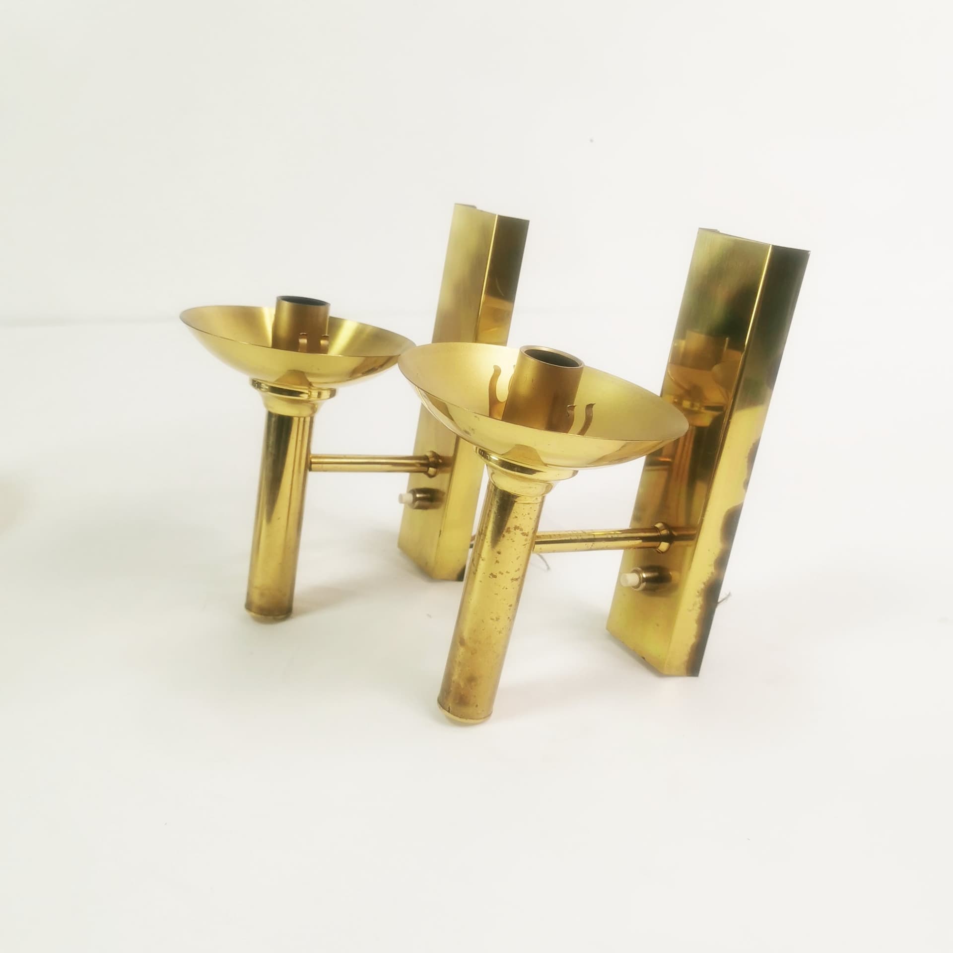 Pair of wall sconces Mid Century, gold brass, smoked glass, by Sv. Mejlstrøm, Mejlstrøm Belysning, Norway, 1960s. - 349717