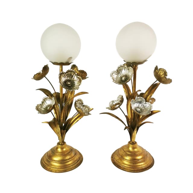 Pair of table lamps Regency Hollywood, gold silver metal, frosted glass, by H. Kögl, Germany, 1970s. - DIMENSION
