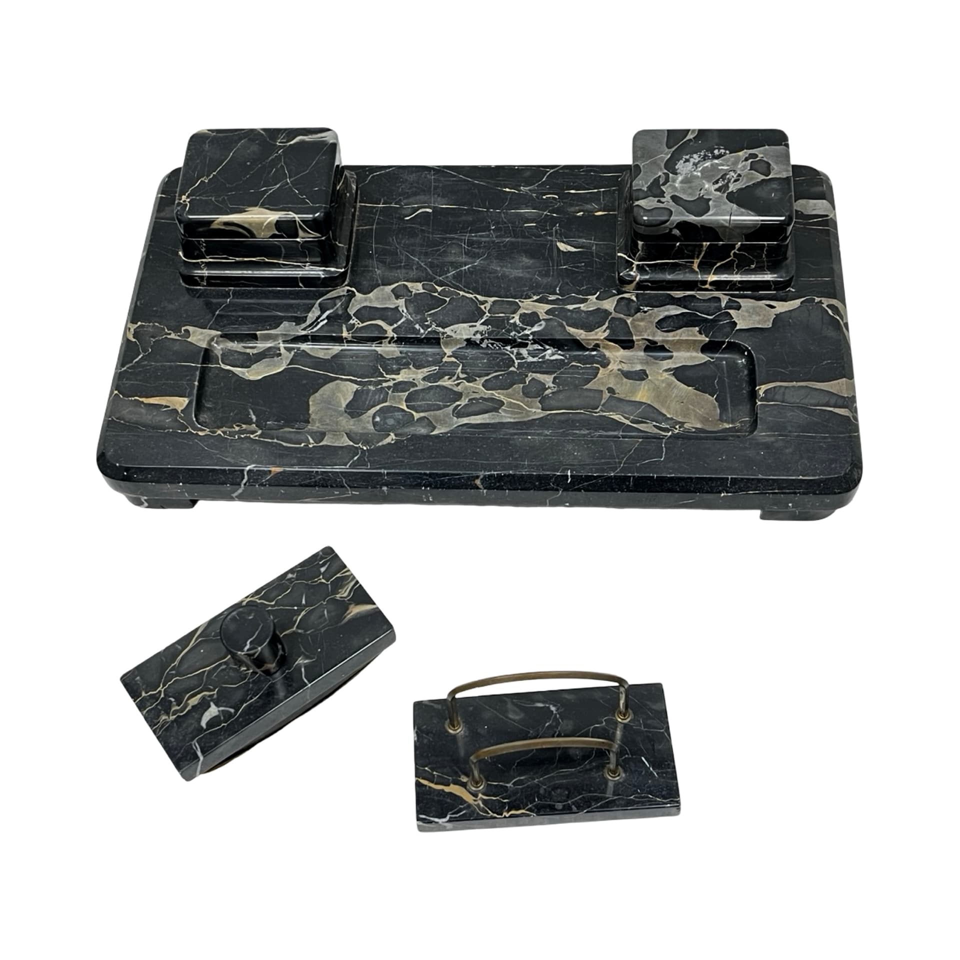 Desk set Art Deco, Nero Portoro marble black gold beige, brass, Italy, 1930s. - 349753