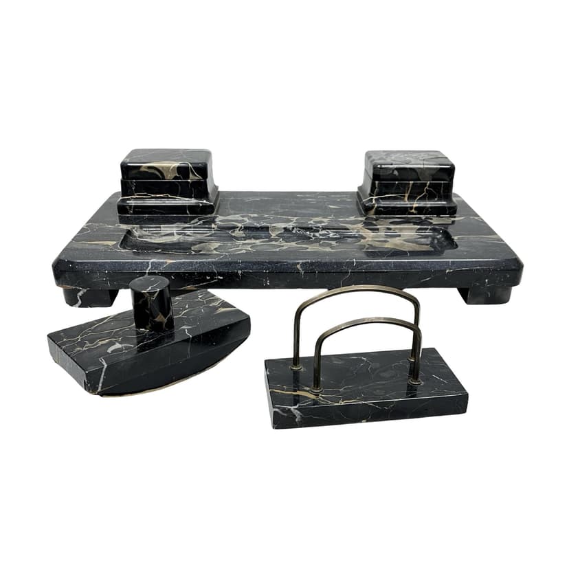 Desk set Art Deco, Nero Portoro marble black gold beige, brass, Italy, 1930s.